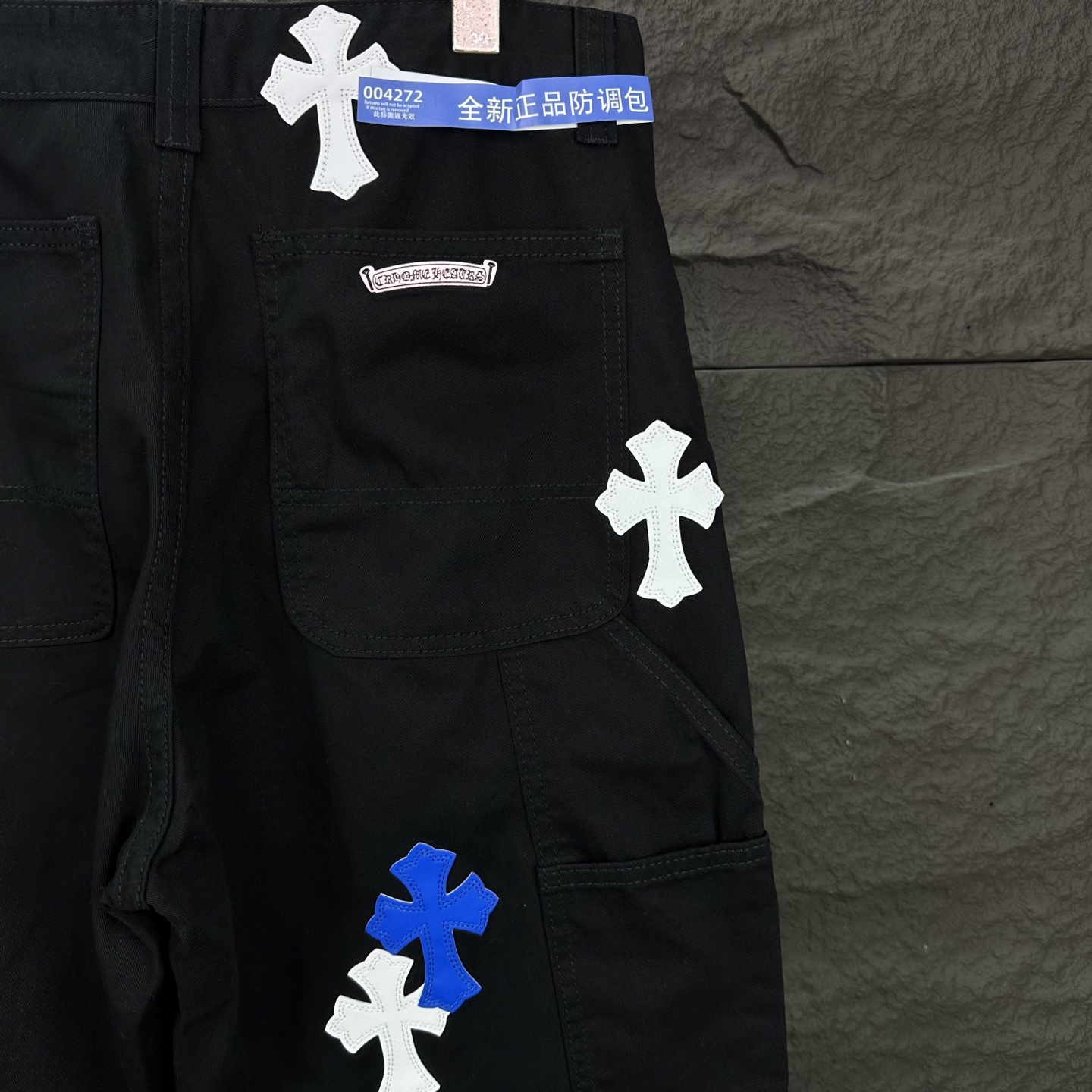 Chrome Hearts 克罗心2025新款工装伐木蓝白十字架拼皮 宽松牛仔裤