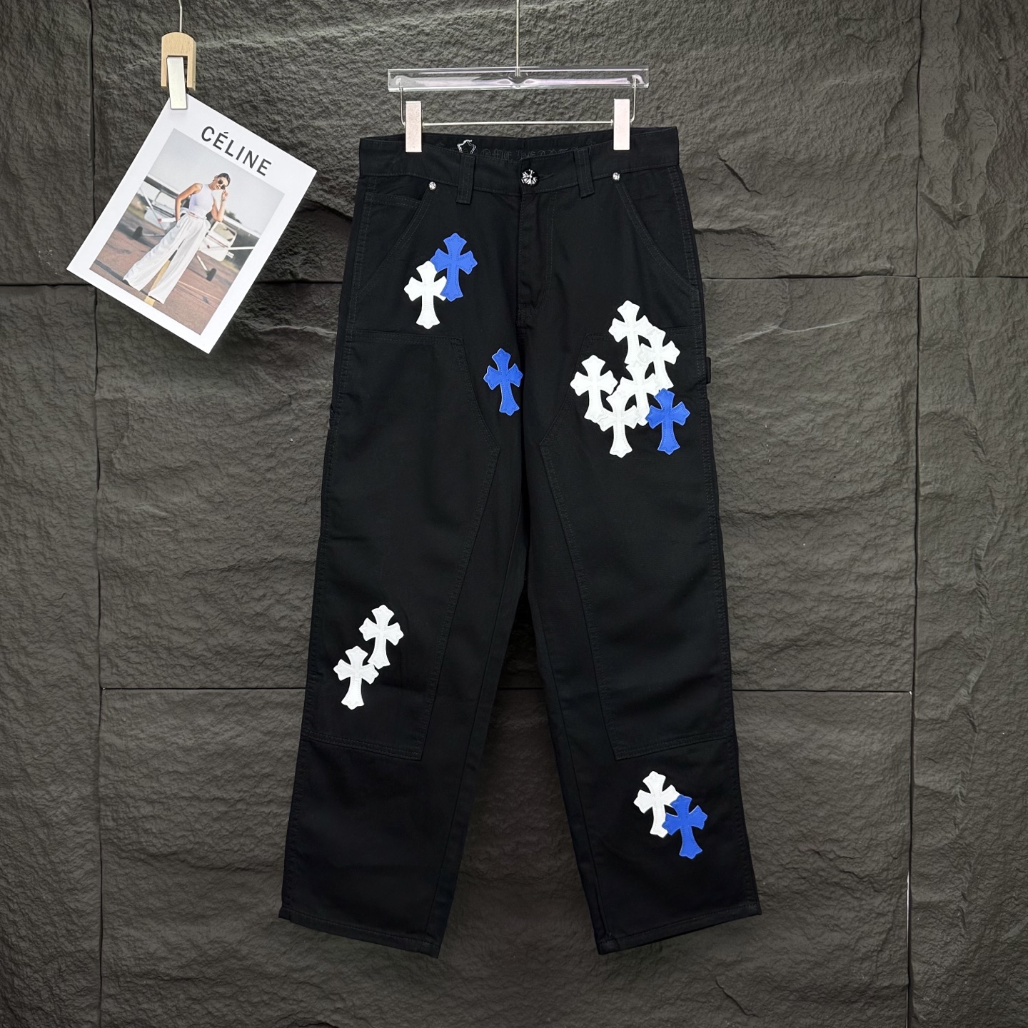 Chrome Hearts 克罗心2025新款工装伐木蓝白十字架拼皮 宽松牛仔裤