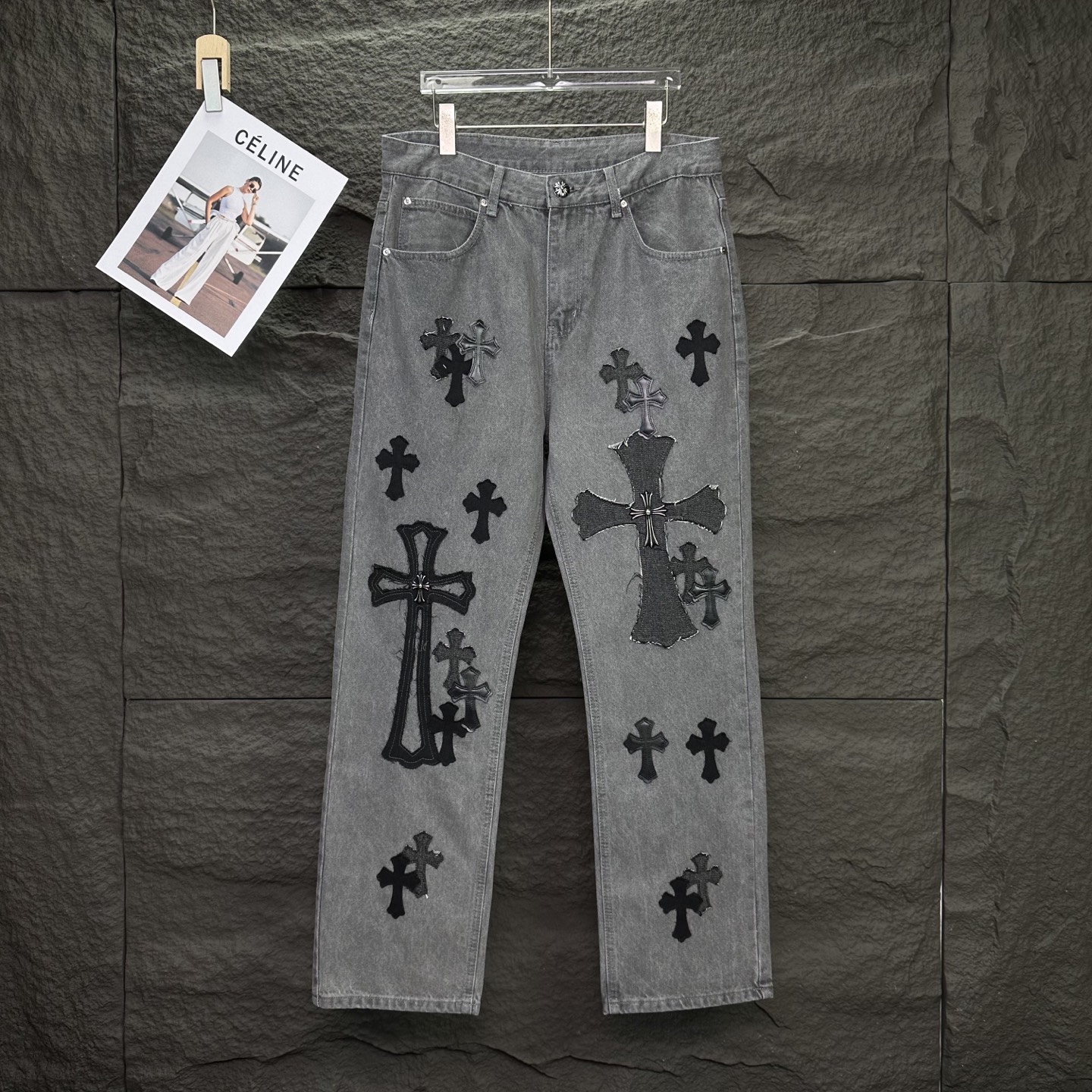 Chrome Hearts 克罗心2025新款牛王金属十字架拼皮 水洗牛仔裤