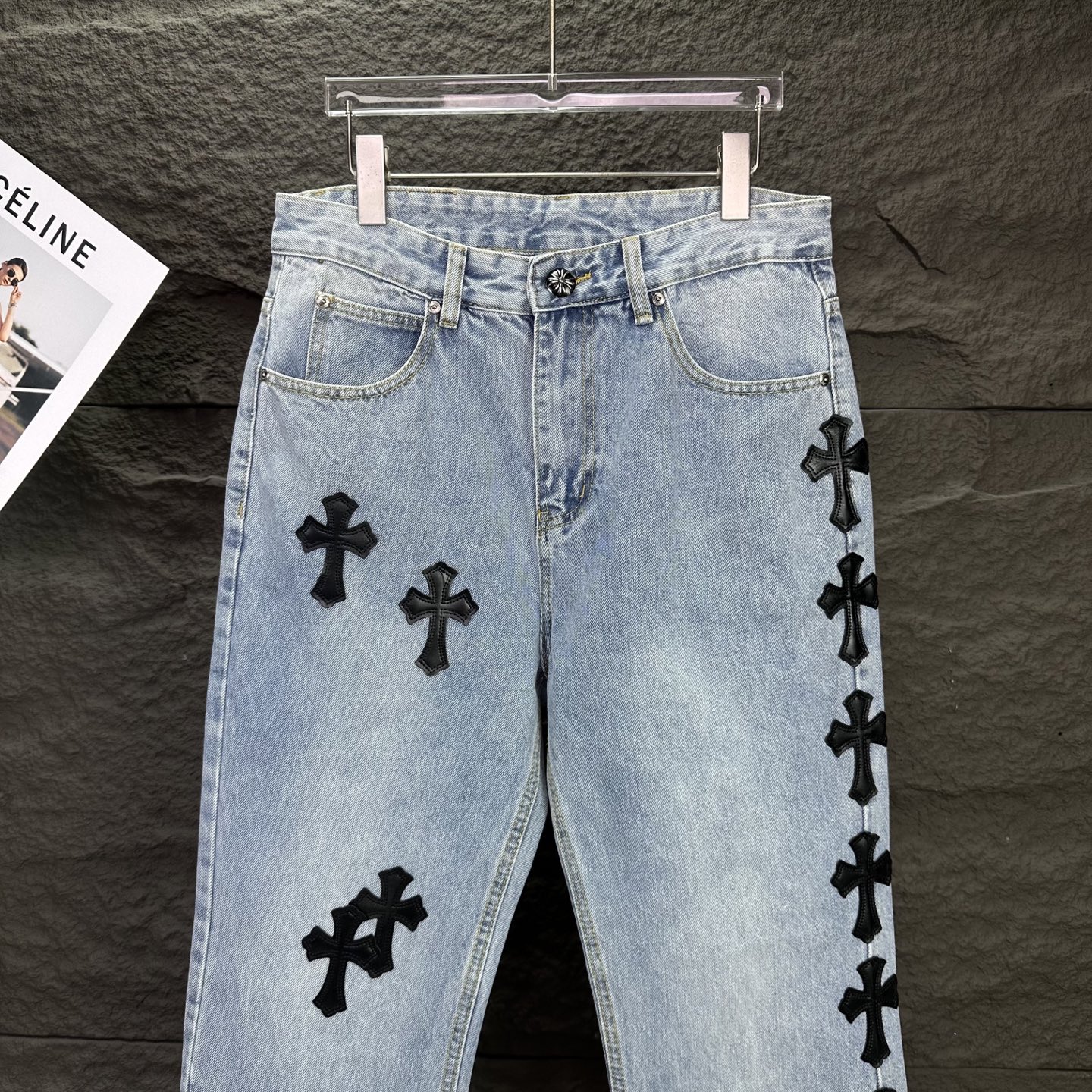 Chrome Hearts 克罗心2025新款黑色十字架拼皮裤脚毛边 水洗宽松牛仔裤