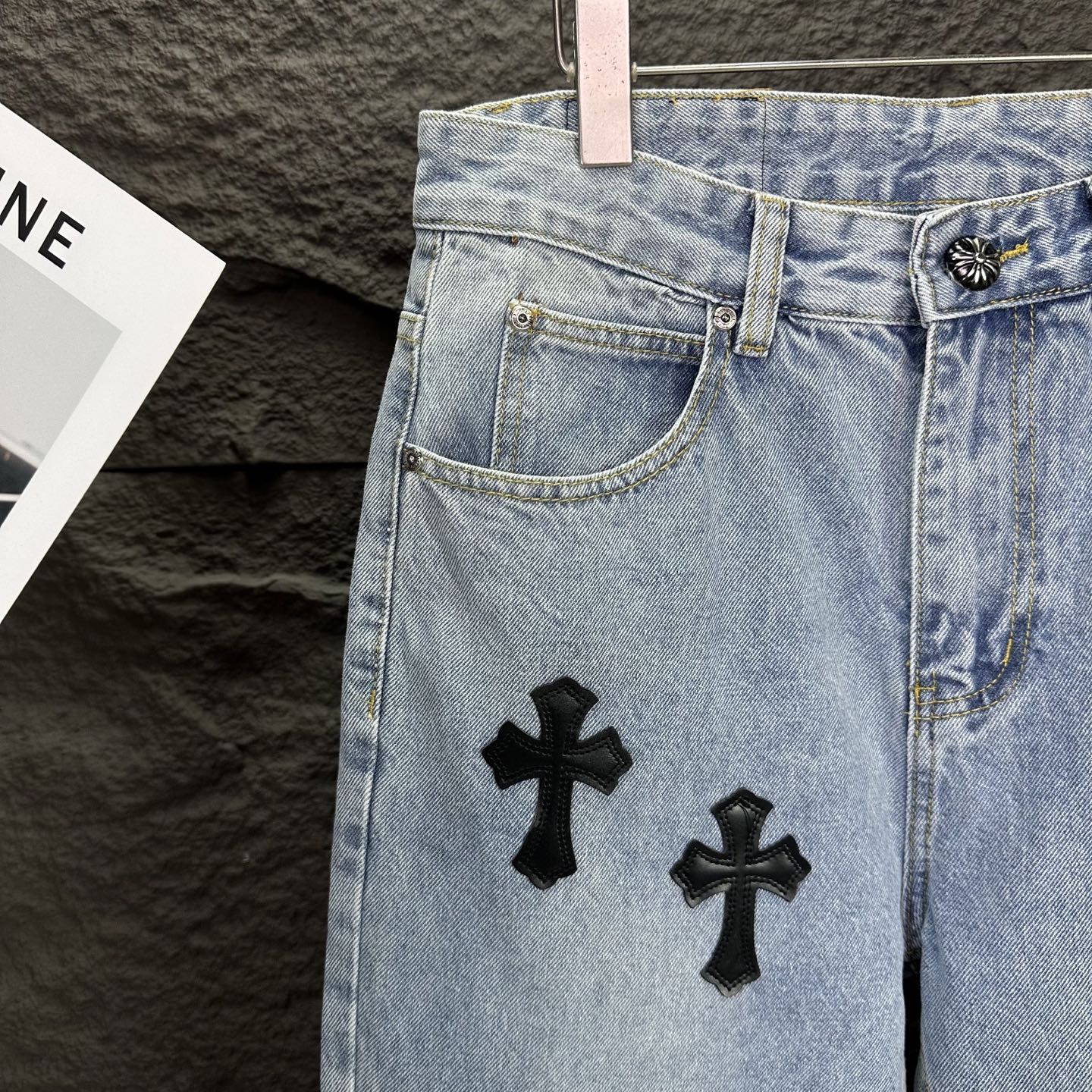 Chrome Hearts 克罗心2025新款黑色十字架拼皮裤脚毛边 水洗宽松牛仔裤