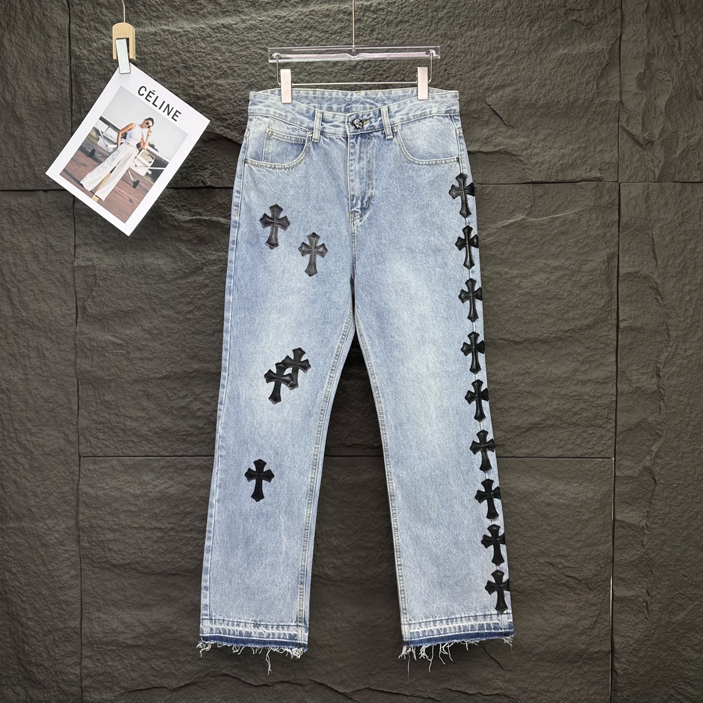 Chrome Hearts 克罗心2025新款黑色十字架拼皮裤脚毛边 水洗宽松牛仔裤