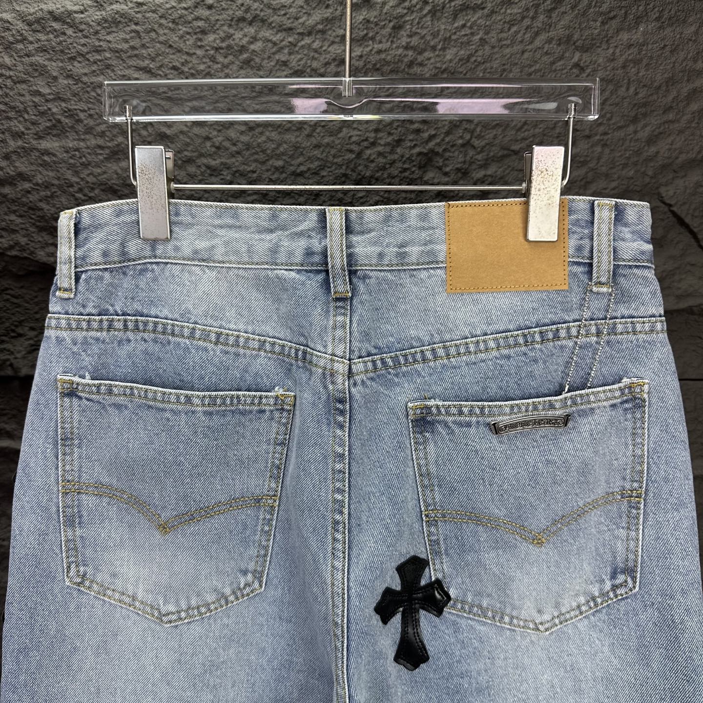 Chrome Hearts 克罗心2025新款黑色十字架拼皮裤脚毛边 水洗宽松牛仔裤