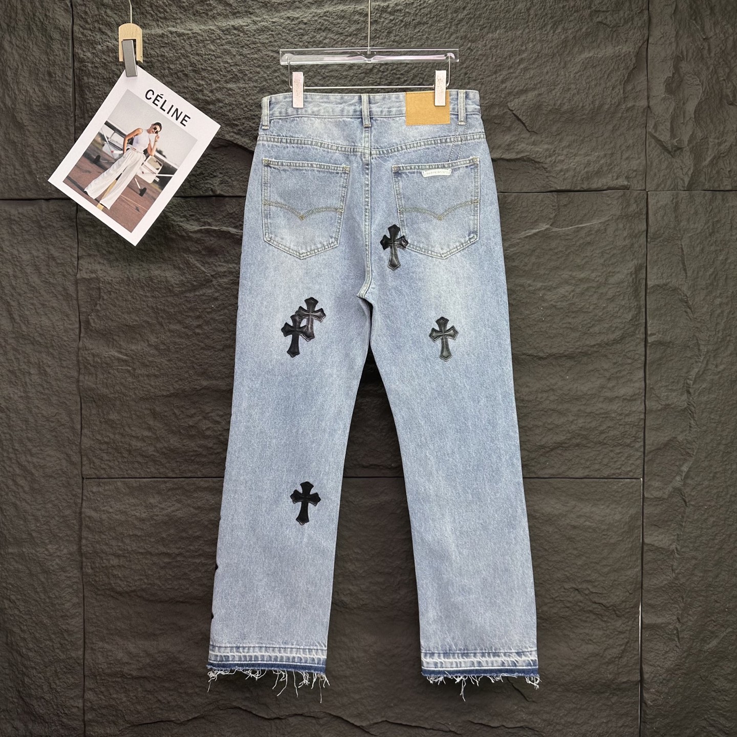 Chrome Hearts 克罗心2025新款黑色十字架拼皮裤脚毛边 水洗宽松牛仔裤