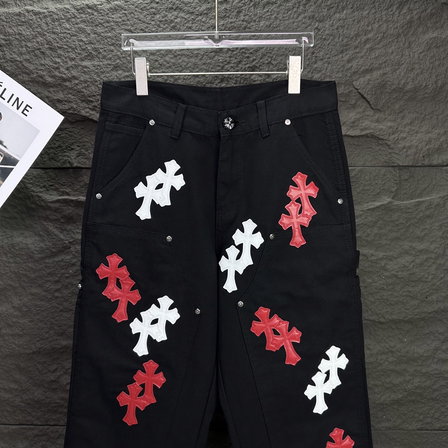 Chrome Hearts 克罗心2025新款工装伐木红白十字架拼皮 宽松牛仔裤