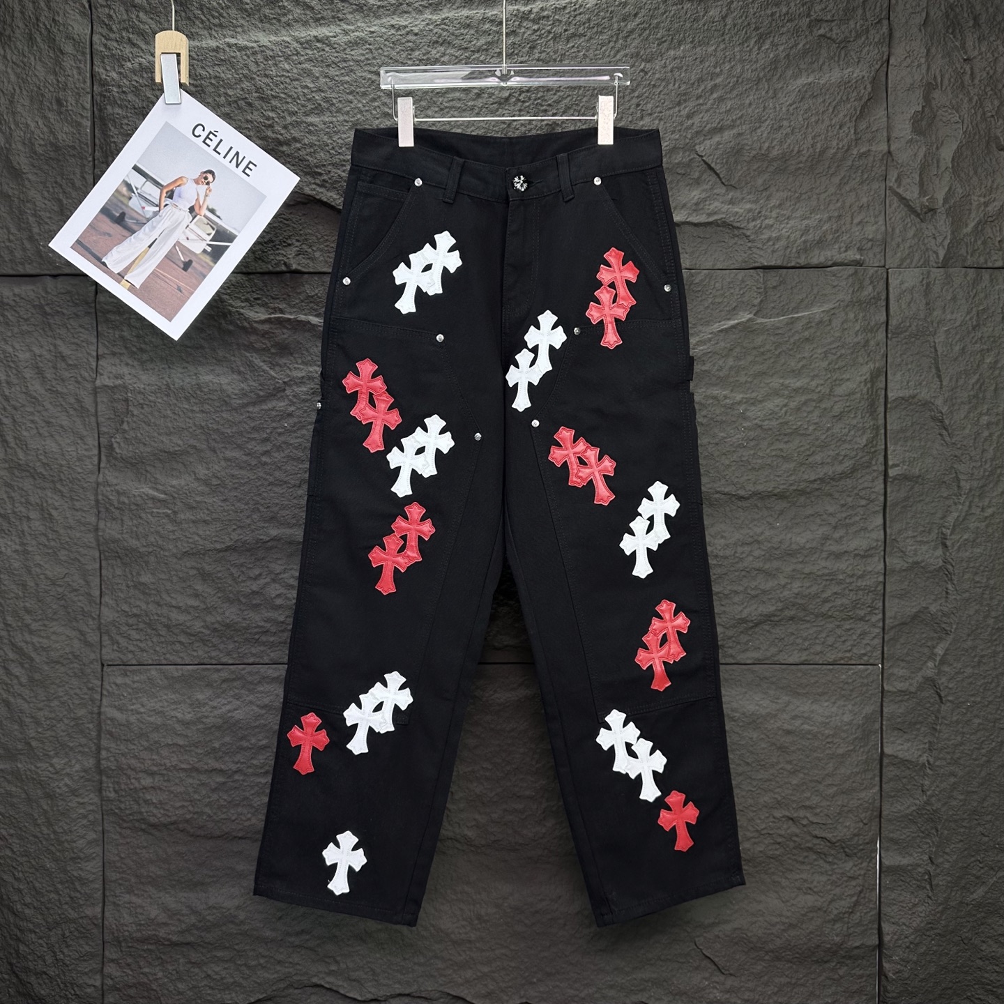Chrome Hearts 克罗心2025新款工装伐木红白十字架拼皮 宽松牛仔裤