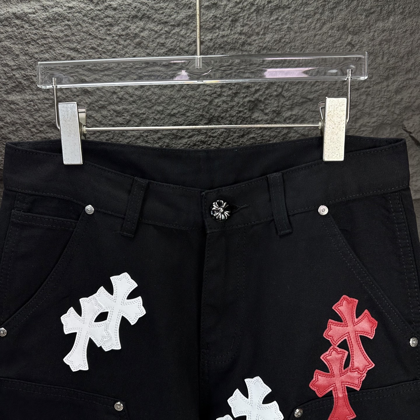 Chrome Hearts 克罗心2025新款工装伐木红白十字架拼皮 宽松牛仔裤