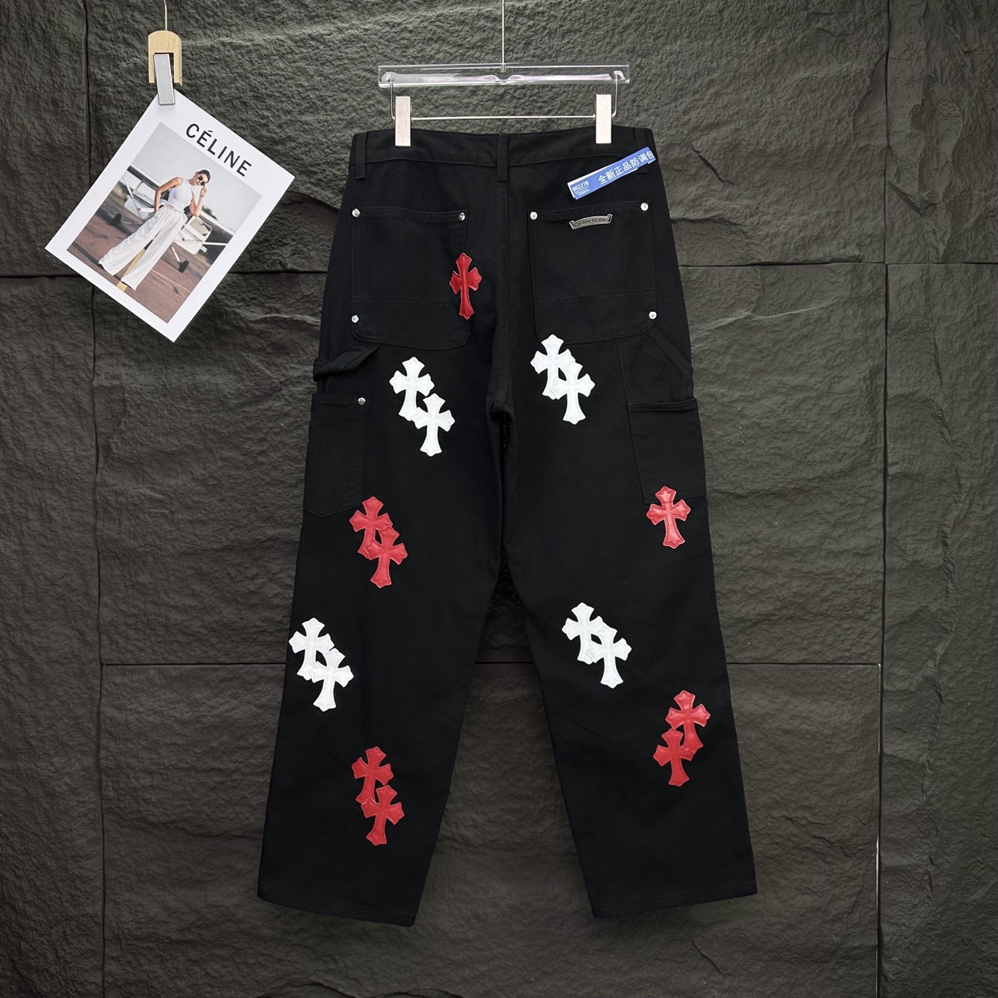 Chrome Hearts 克罗心2025新款工装伐木红白十字架拼皮 宽松牛仔裤