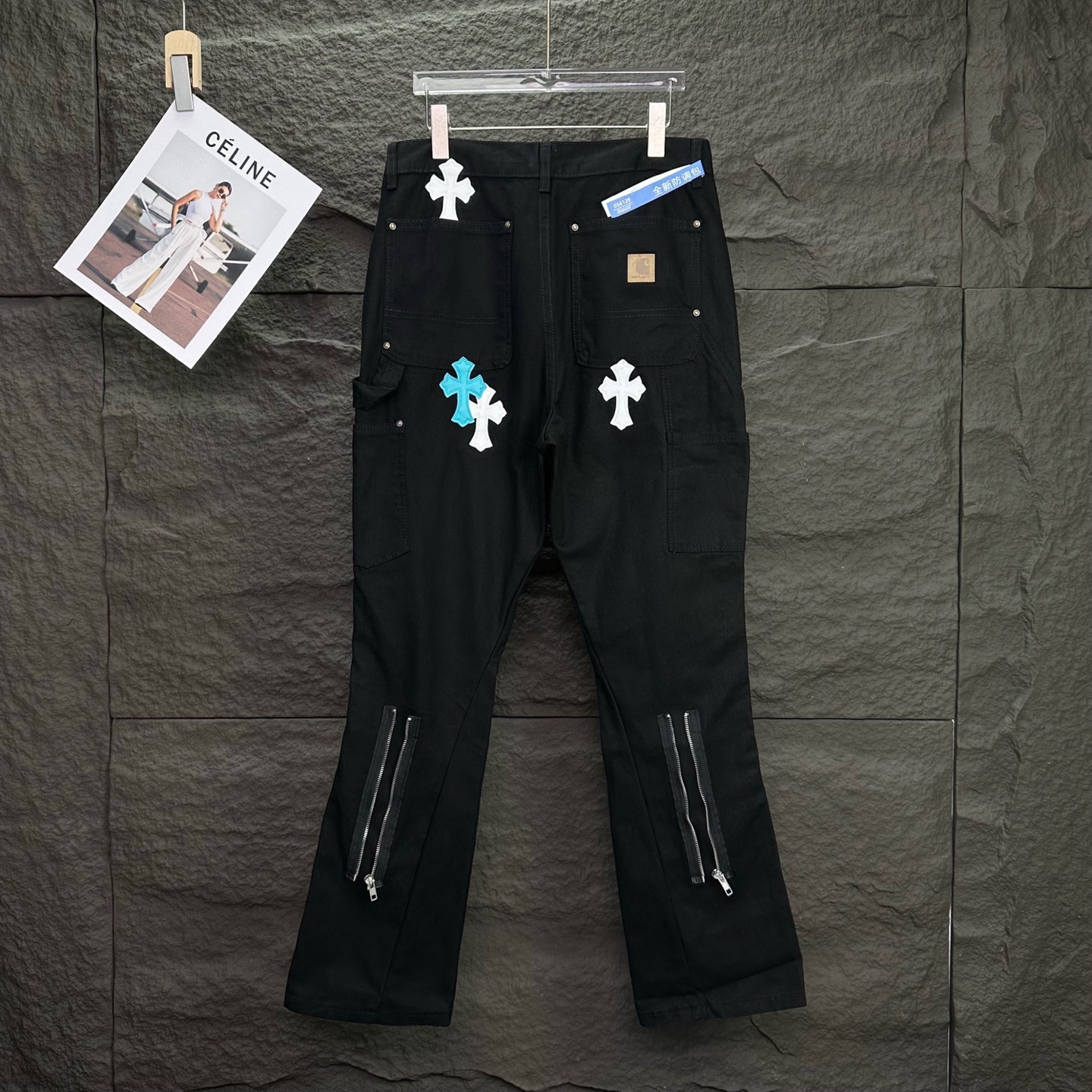 Chrome Hearts 卡哈特&克罗心联名2025新款伐木蓝白十字架拼皮 宽松水洗喇叭牛仔裤