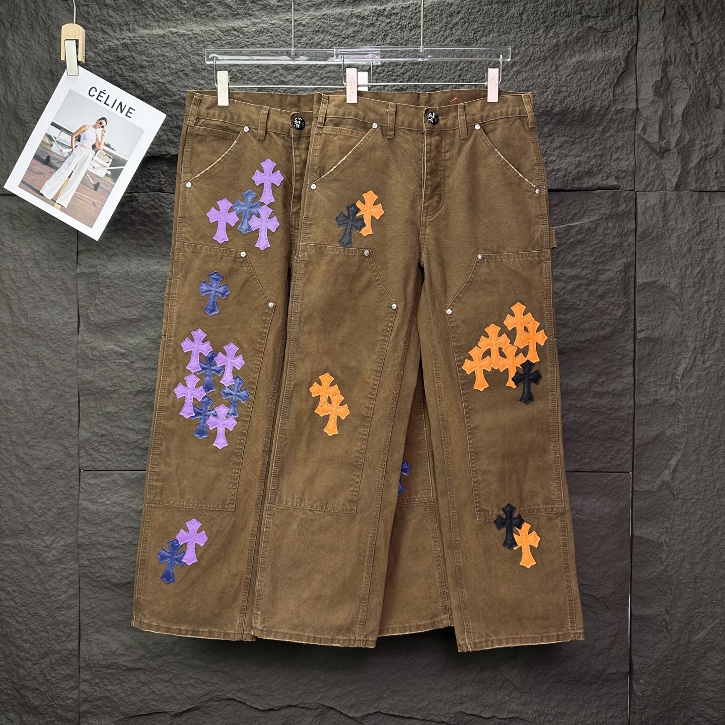 Chrome Hearts 克罗心2025新款工装伐木橙色十字架拼皮 宽松牛仔裤