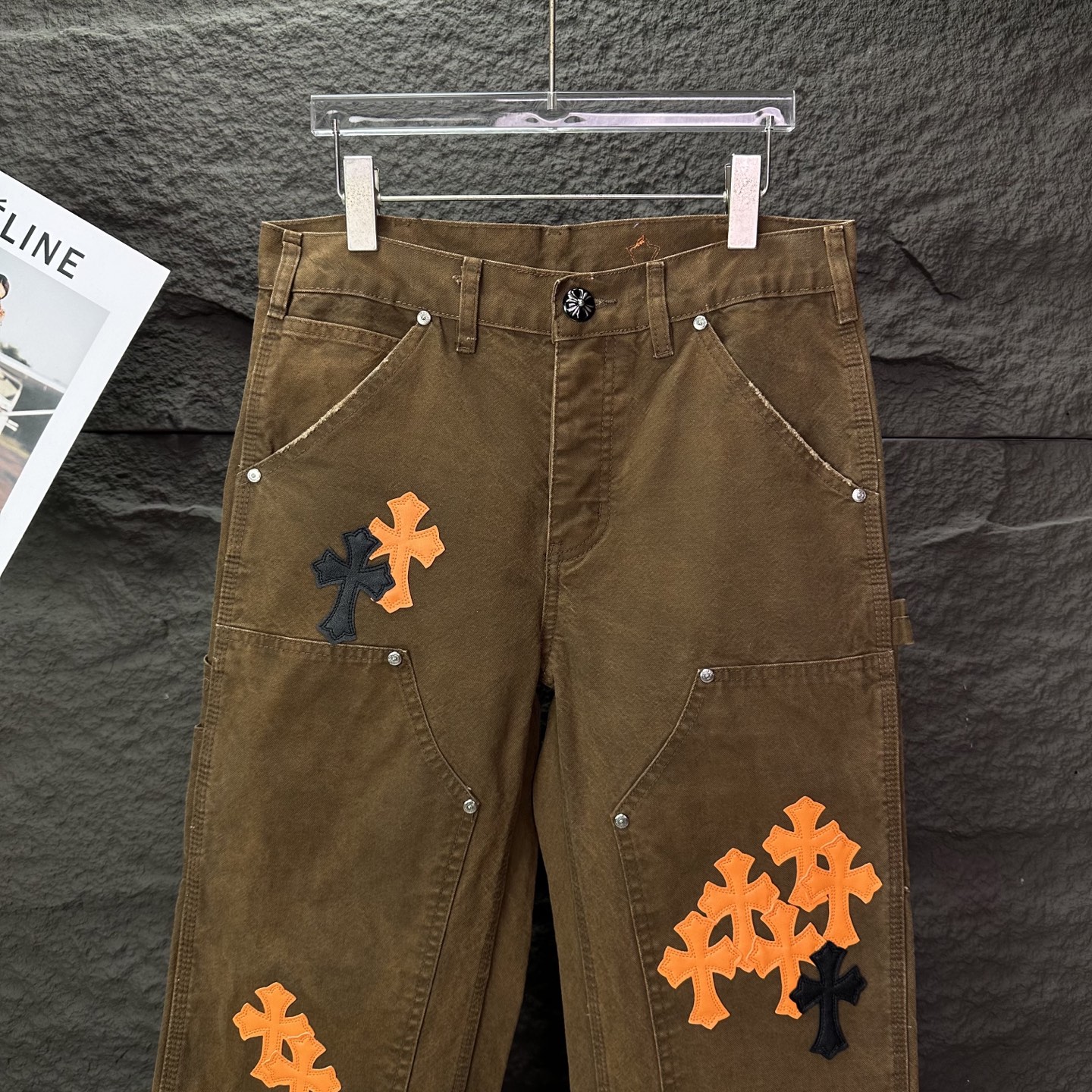 Chrome Hearts 克罗心2025新款工装伐木橙色十字架拼皮 宽松牛仔裤