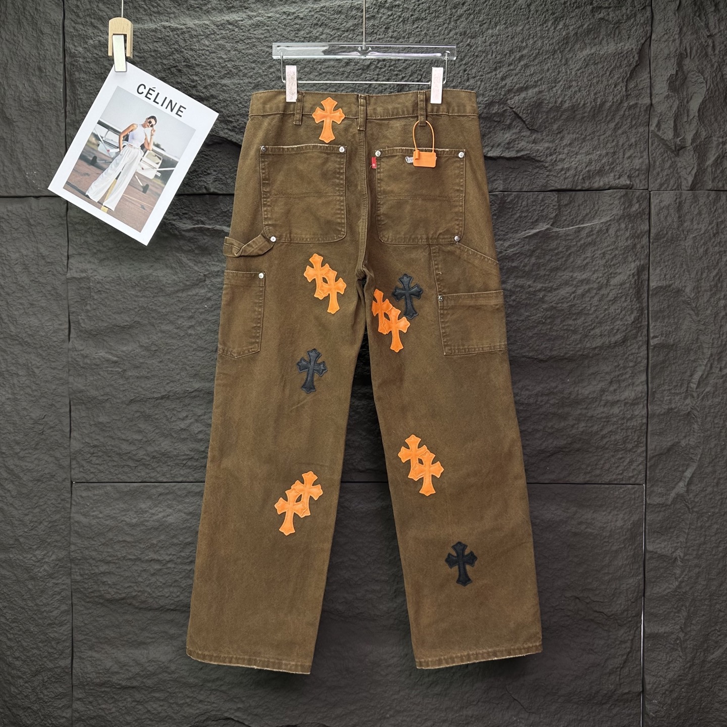 Chrome Hearts 克罗心2025新款工装伐木橙色十字架拼皮 宽松牛仔裤
