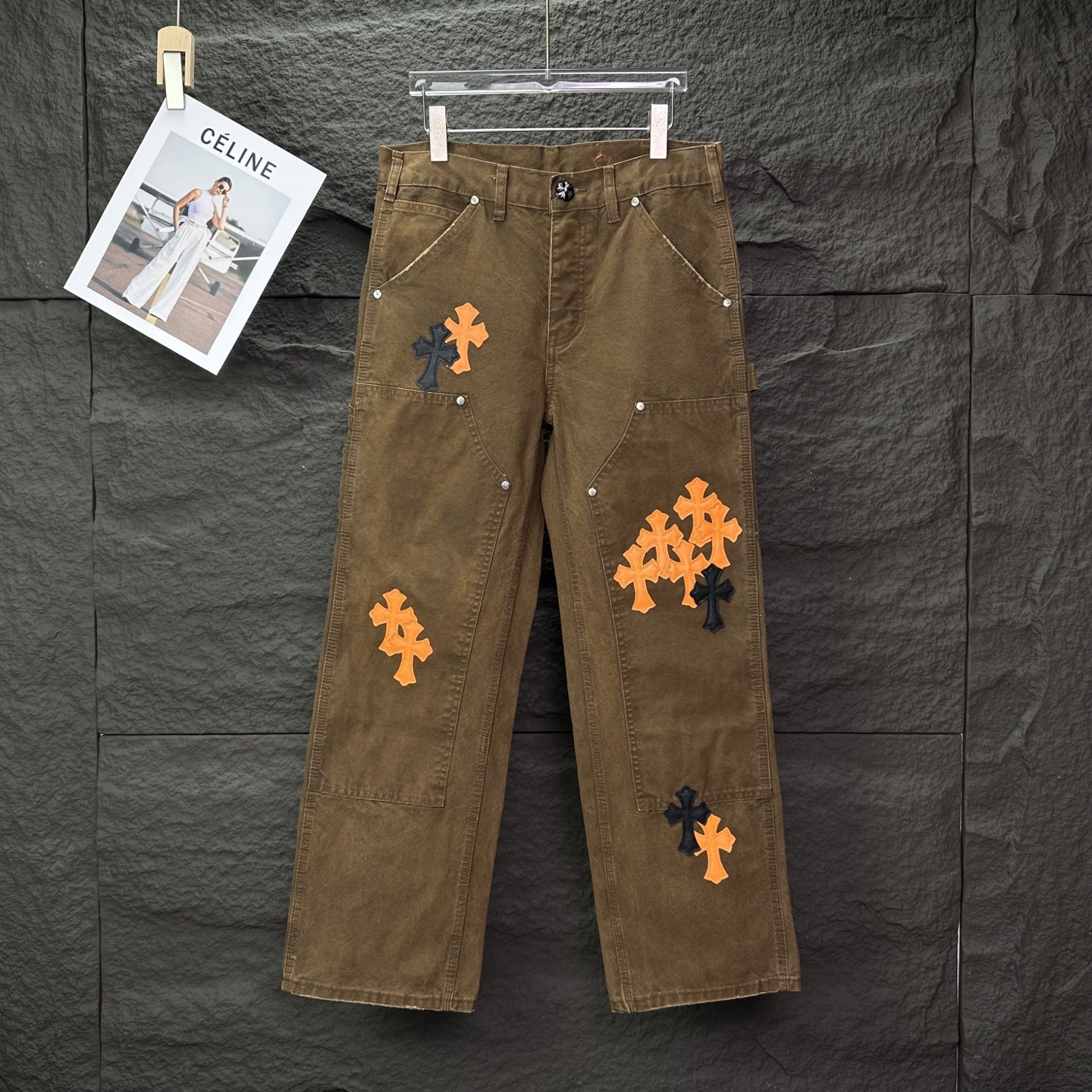 Chrome Hearts 克罗心2025新款工装伐木橙色十字架拼皮 宽松牛仔裤