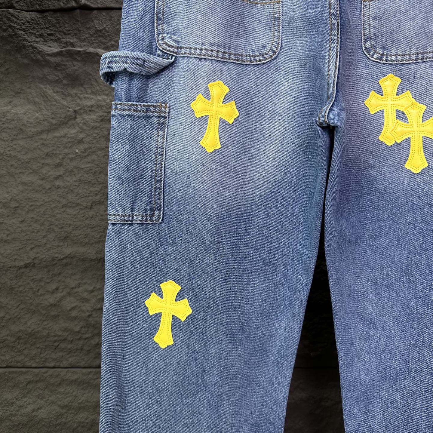 Chrome Hearts 克罗心2025新款限定伐木黄色十字架拼皮 水洗牛仔裤