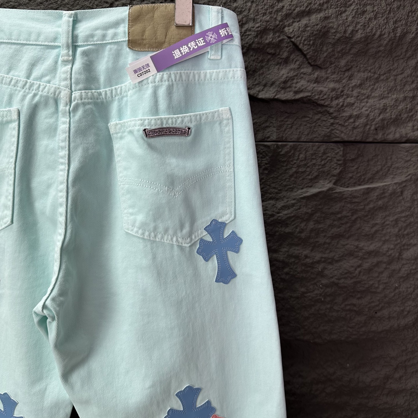 克罗心2025新款浅蓝粉色十字架拼皮情侣款水洗宽松牛仔裤 🔥高版本🔥高版本🔥顶级天花板品质 不同水洗质感