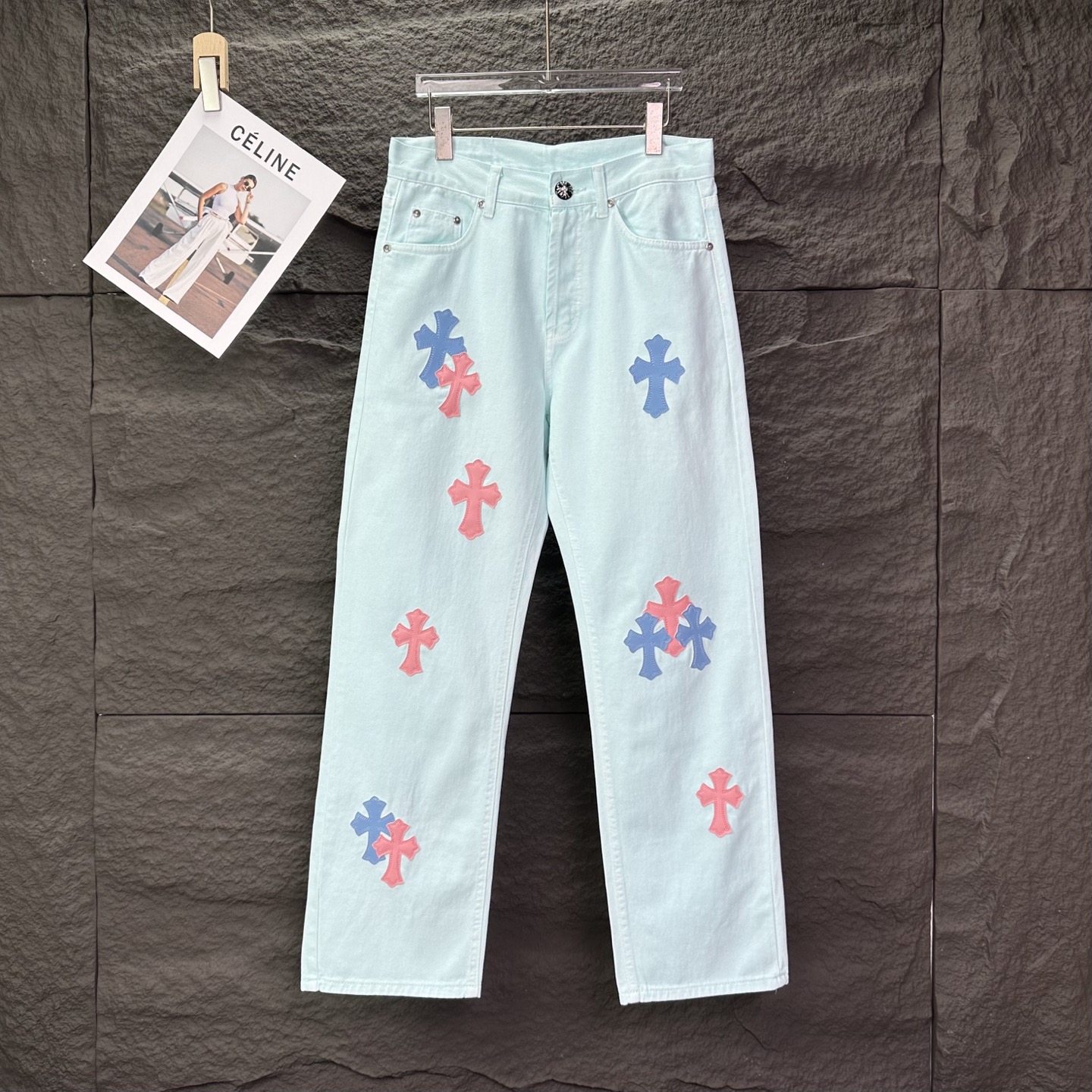 克罗心2025新款浅蓝粉色十字架拼皮情侣款水洗宽松牛仔裤 🔥高版本🔥高版本🔥顶级天花板品质 不同水洗质感