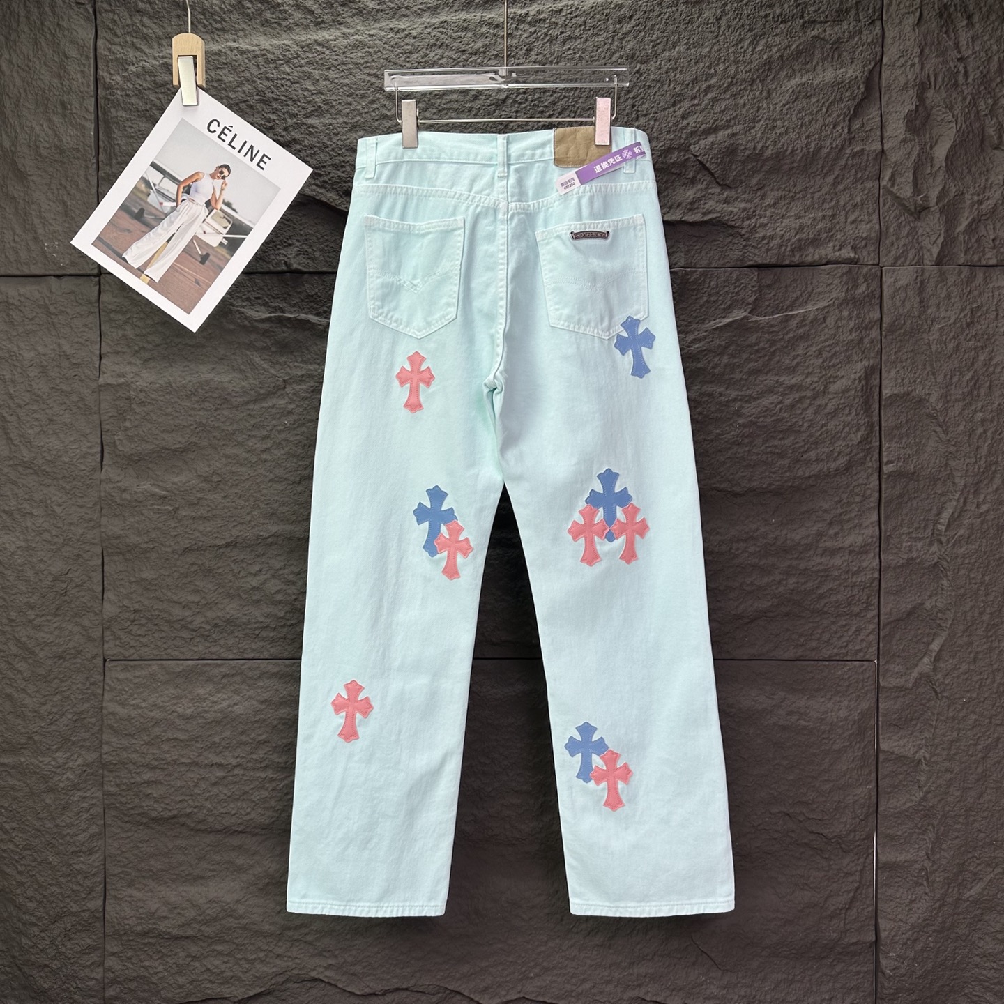 克罗心2025新款浅蓝粉色十字架拼皮情侣款水洗宽松牛仔裤 🔥高版本🔥高版本🔥顶级天花板品质 不同水洗质感