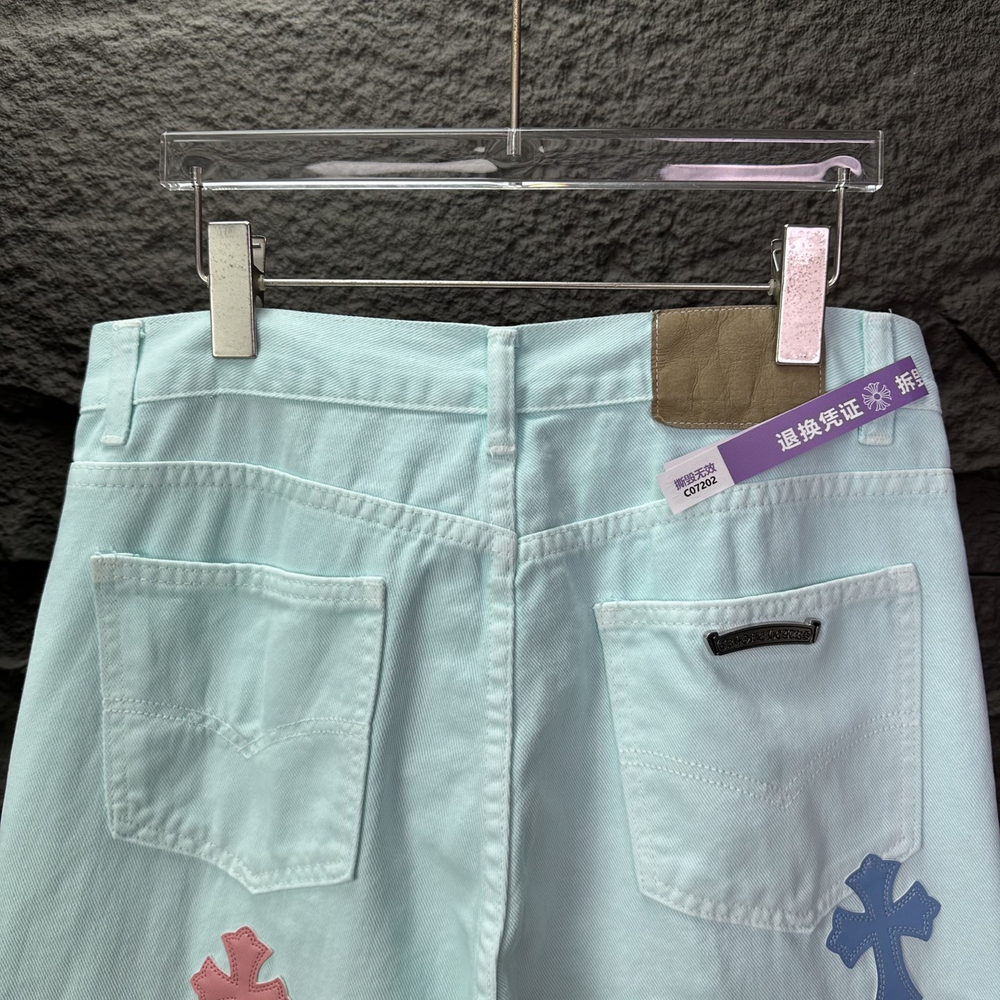 克罗心2025新款浅蓝粉色十字架拼皮情侣款水洗宽松牛仔裤 🔥高版本🔥高版本🔥顶级天花板品质 不同水洗质感