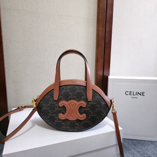 Celine Oval Bag Triomphe Canvas and Calfskin Shoulder Bag, 21 x 24 x 5 cm