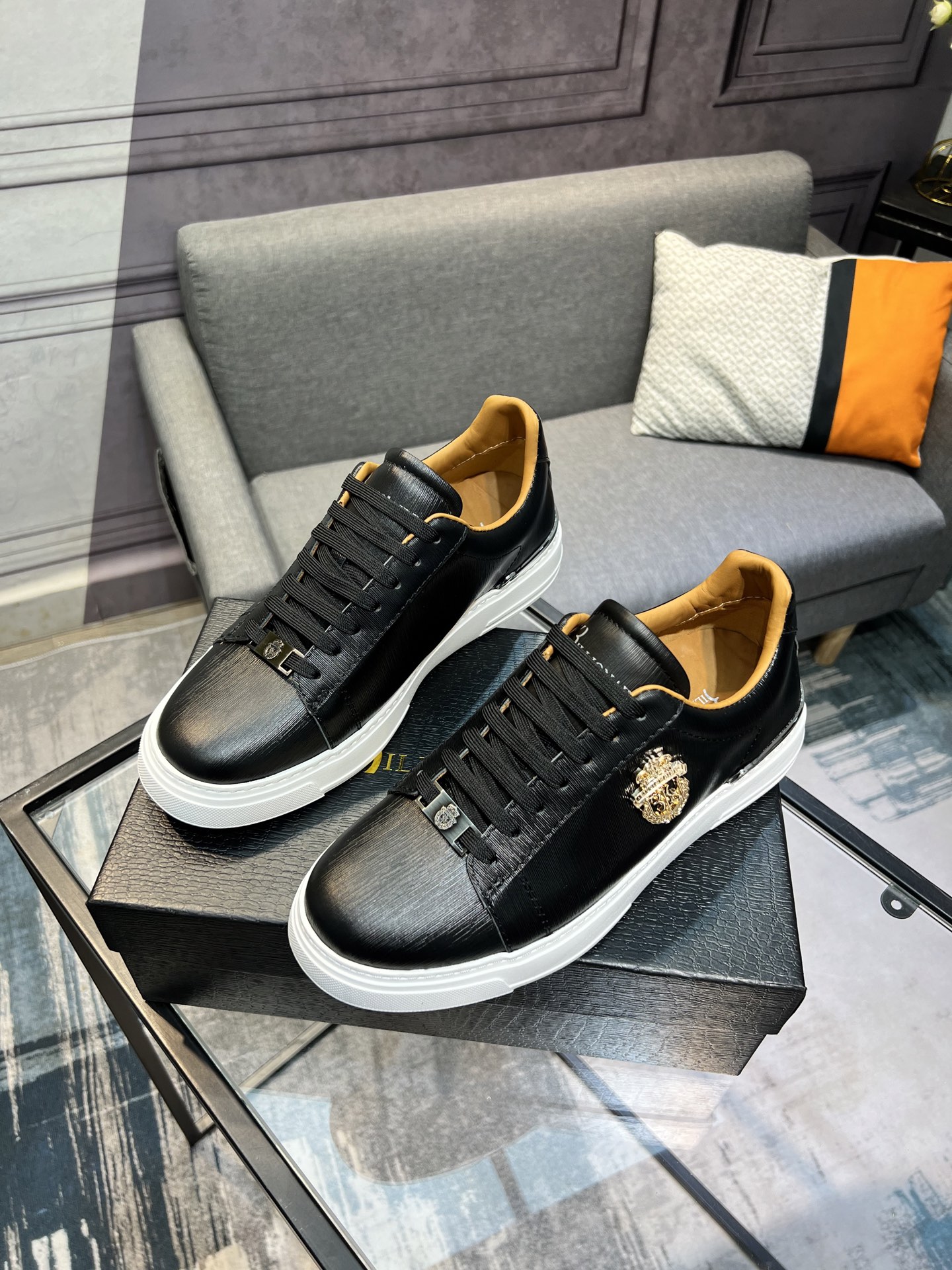 Billionaire Men's Black Leather Lace-Up Sneakers with Metal Hardware Details 3 i1742399572392 4581 0 1