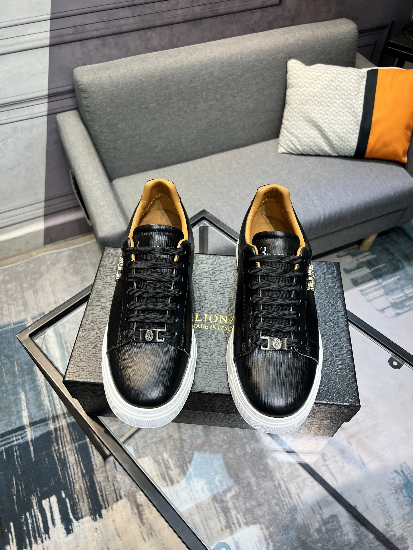 Billionaire Men's Black Leather Lace-Up Sneakers with Metal Hardware Details