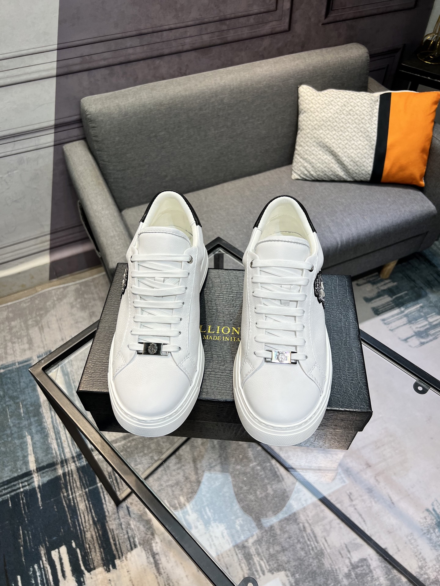Billionaire White Leather Sneakers with Metal Accents, Sizes 38-44