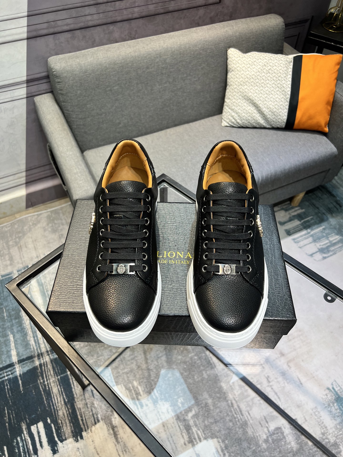 Billionaire Men's Black Leather Lace-Up Sneakers With Metal Hardware