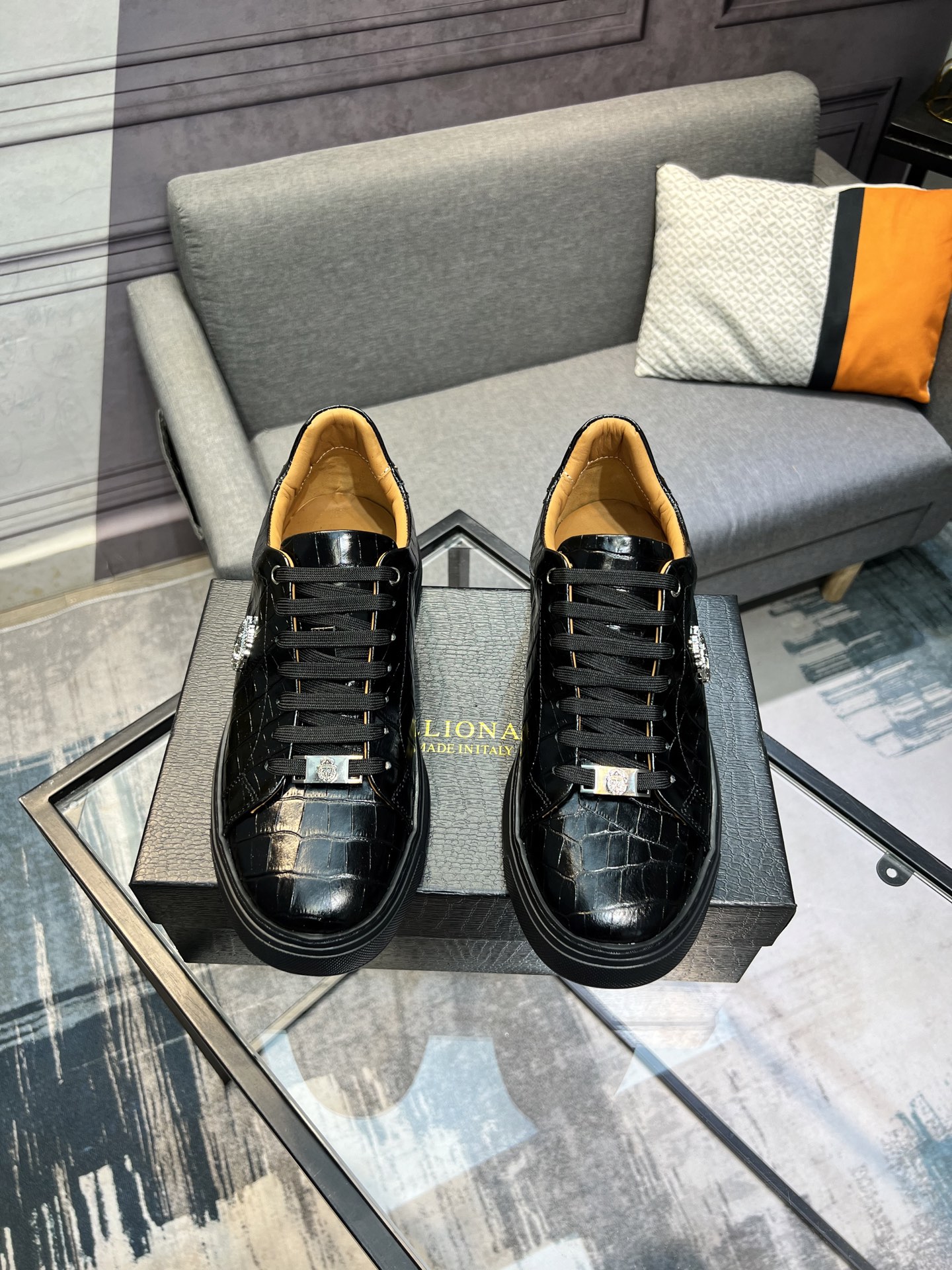 Billionaire Black Leather Crocodile-Embossed Sneakers 2 i1742399854977 3565 0 0