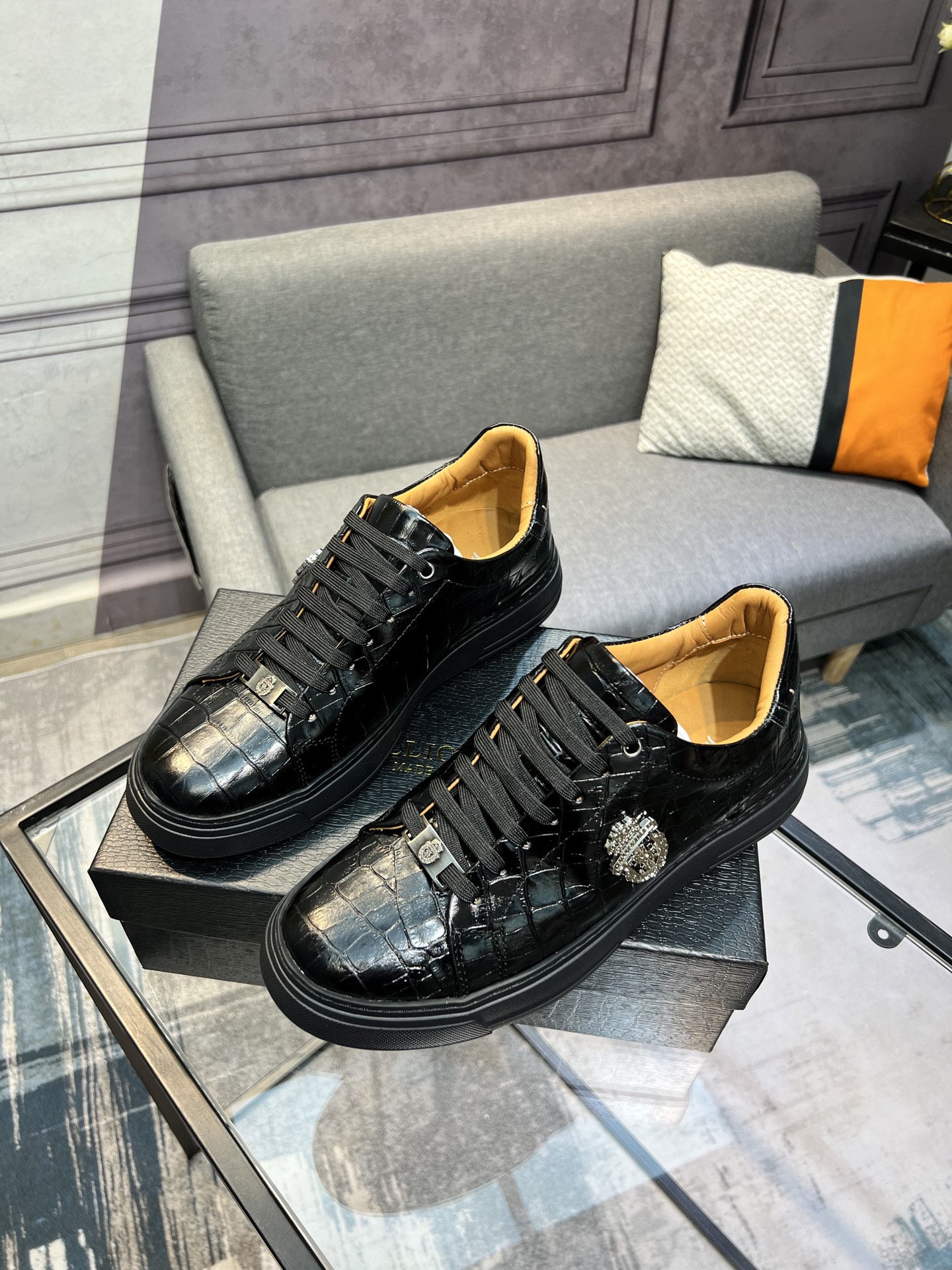 Billionaire Black Leather Crocodile-Embossed Sneakers 3 i1742399857917 3434 0 1