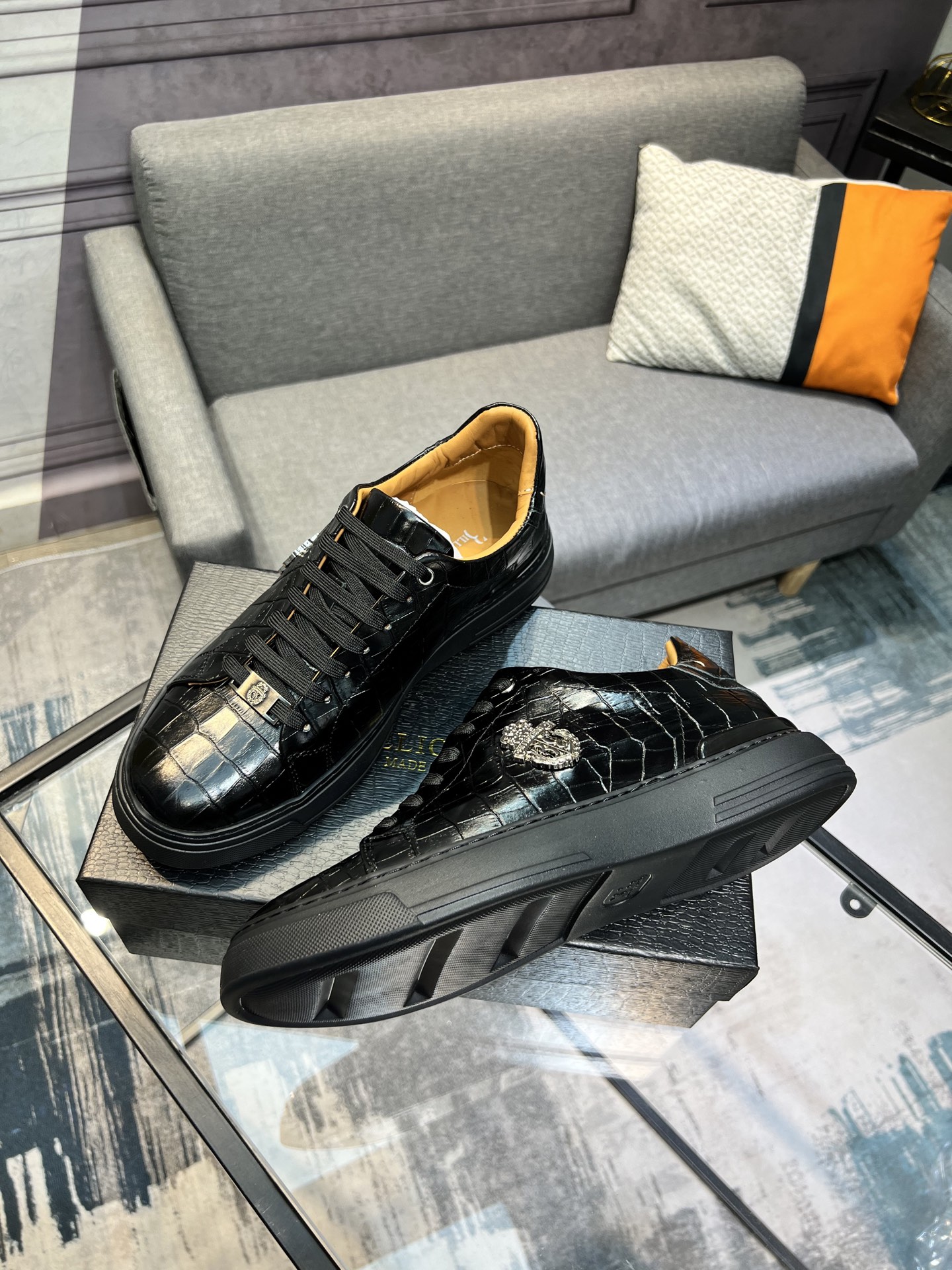Billionaire Black Leather Crocodile-Embossed Sneakers 4 i1742399861494 9022 0 2