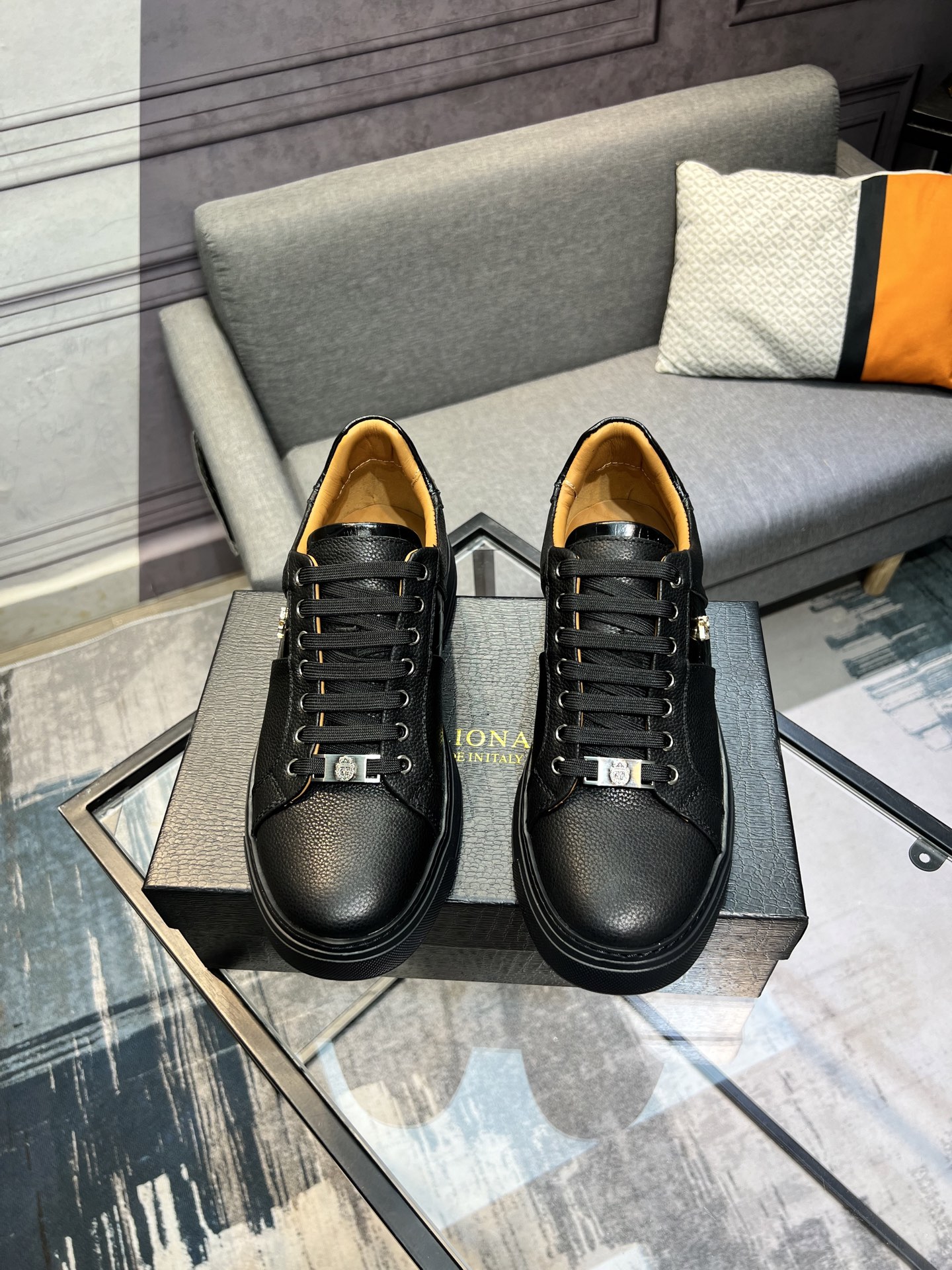 Billionaire Men's Black Leather Sneakers with Metal Logo Accent, Size 38-44