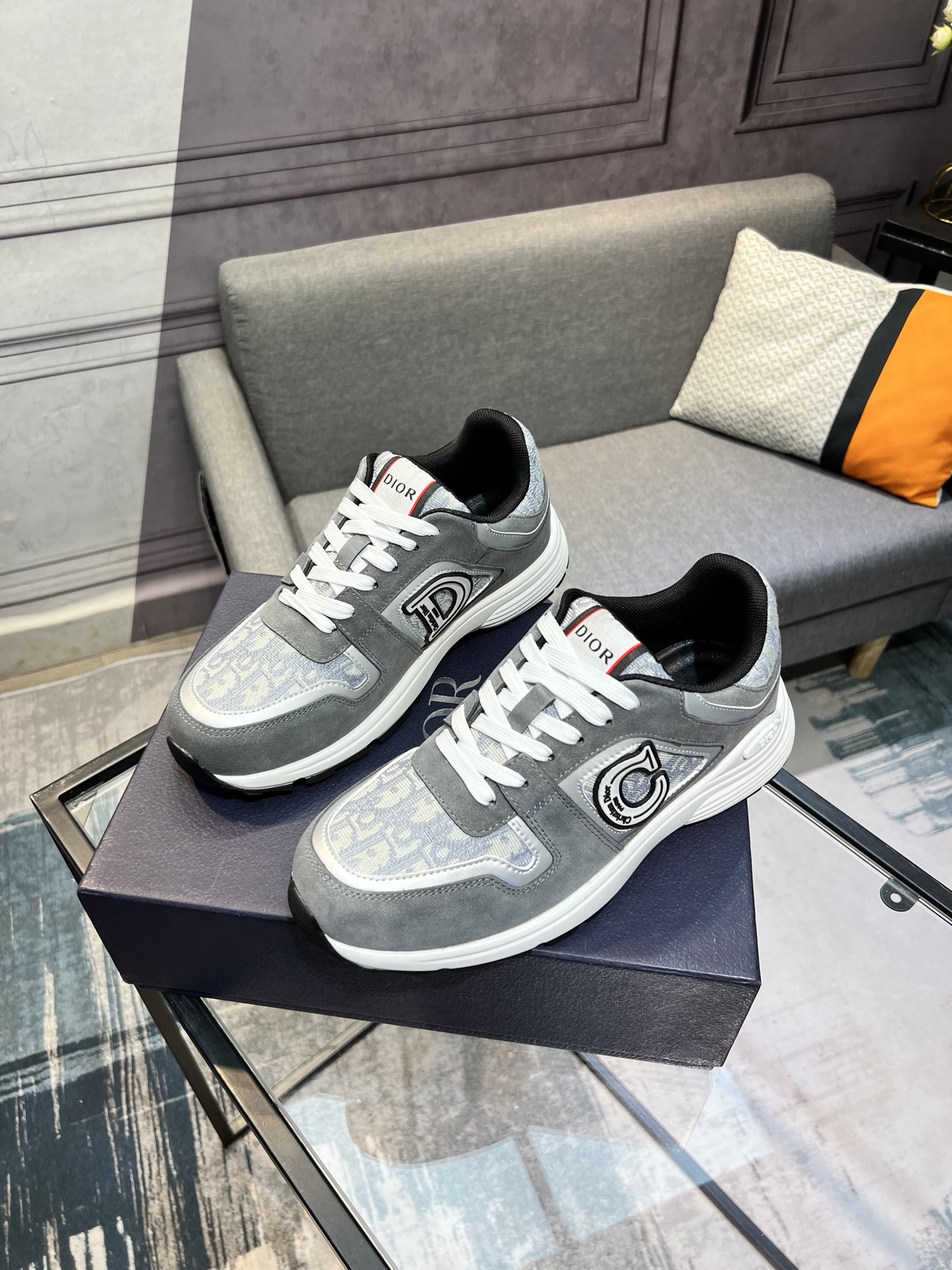 Dior Men's Gray Fabric and Leather Runner Sneakers with Rubber Sole 3 i1743866547631 4182 0 1