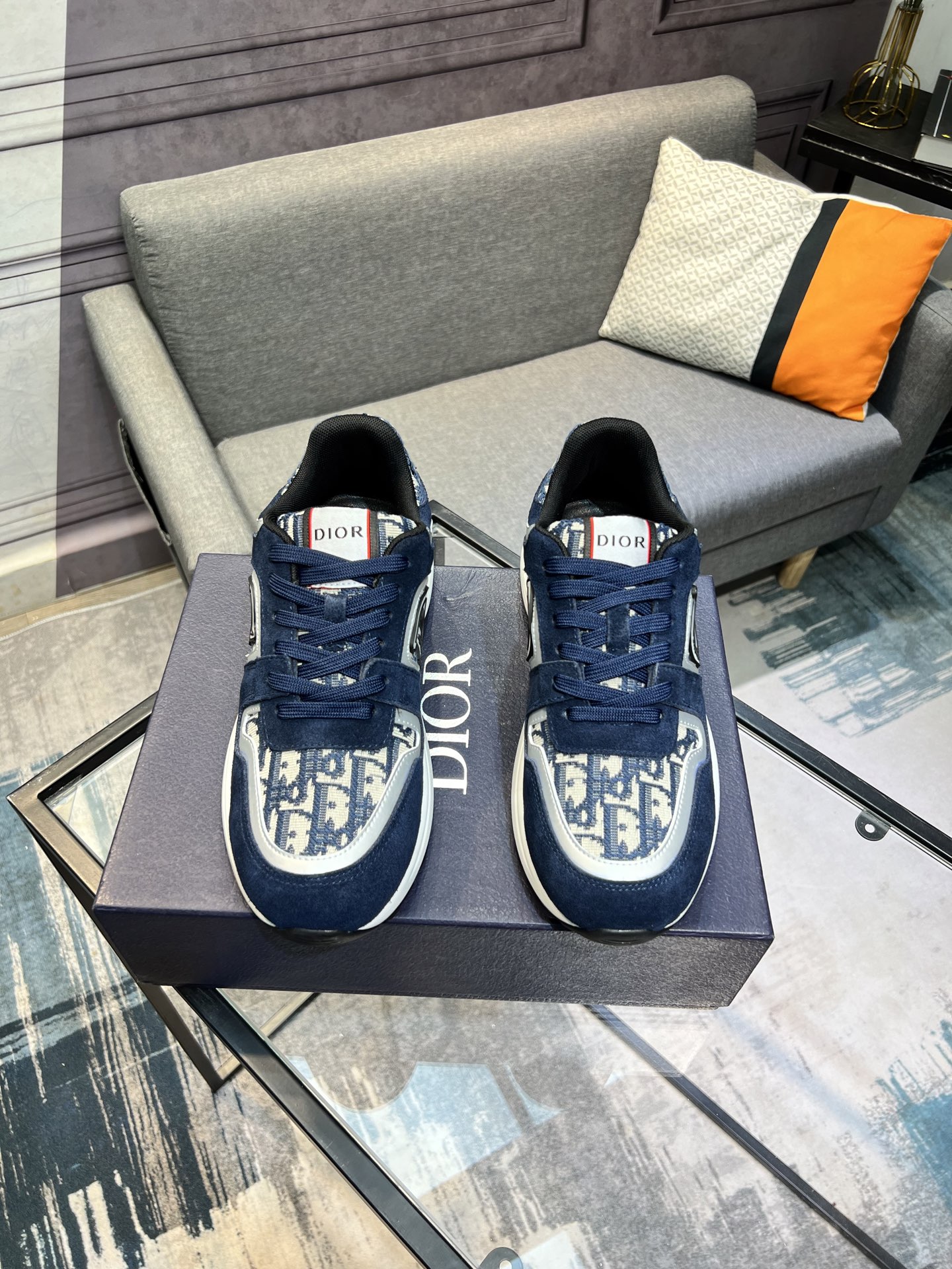 Dior Men's Blue Oblique Patterned Sneakers with Leather and Rubber Sole 1 Dior Men's Blue Oblique Patterned Sneakers with Leather and Rubber Sole