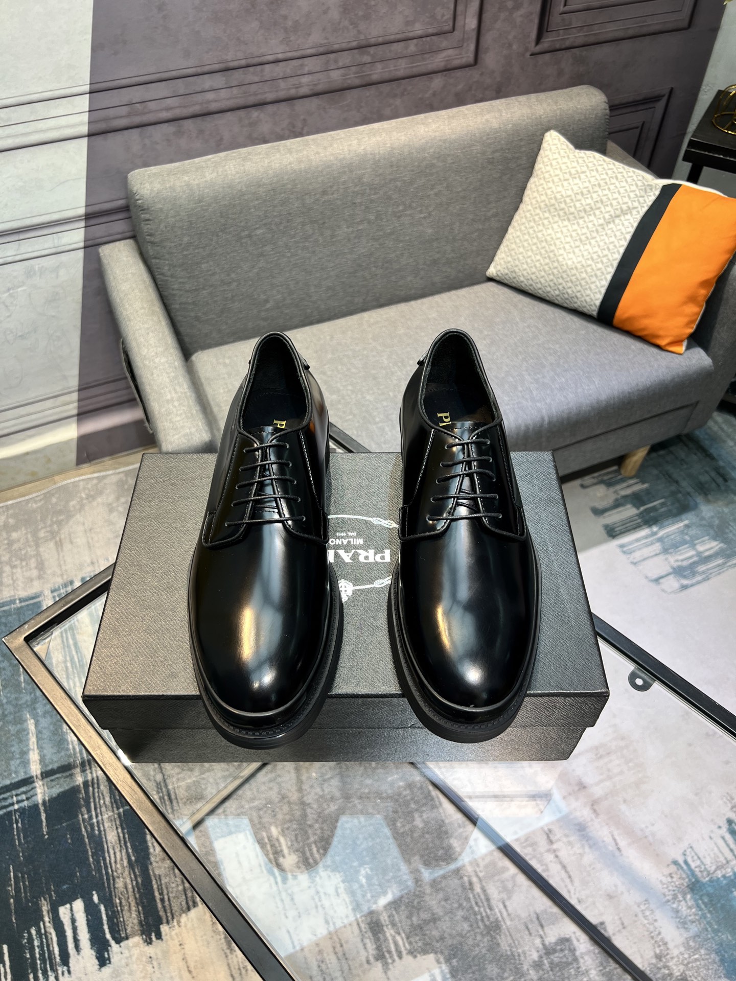 Prada Men's Glossy Leather Lace-Up Dress Shoes - Classic & Modern Style 1 Prada Men's Glossy Leather Lace-Up Dress Shoes - Classic & Modern Style