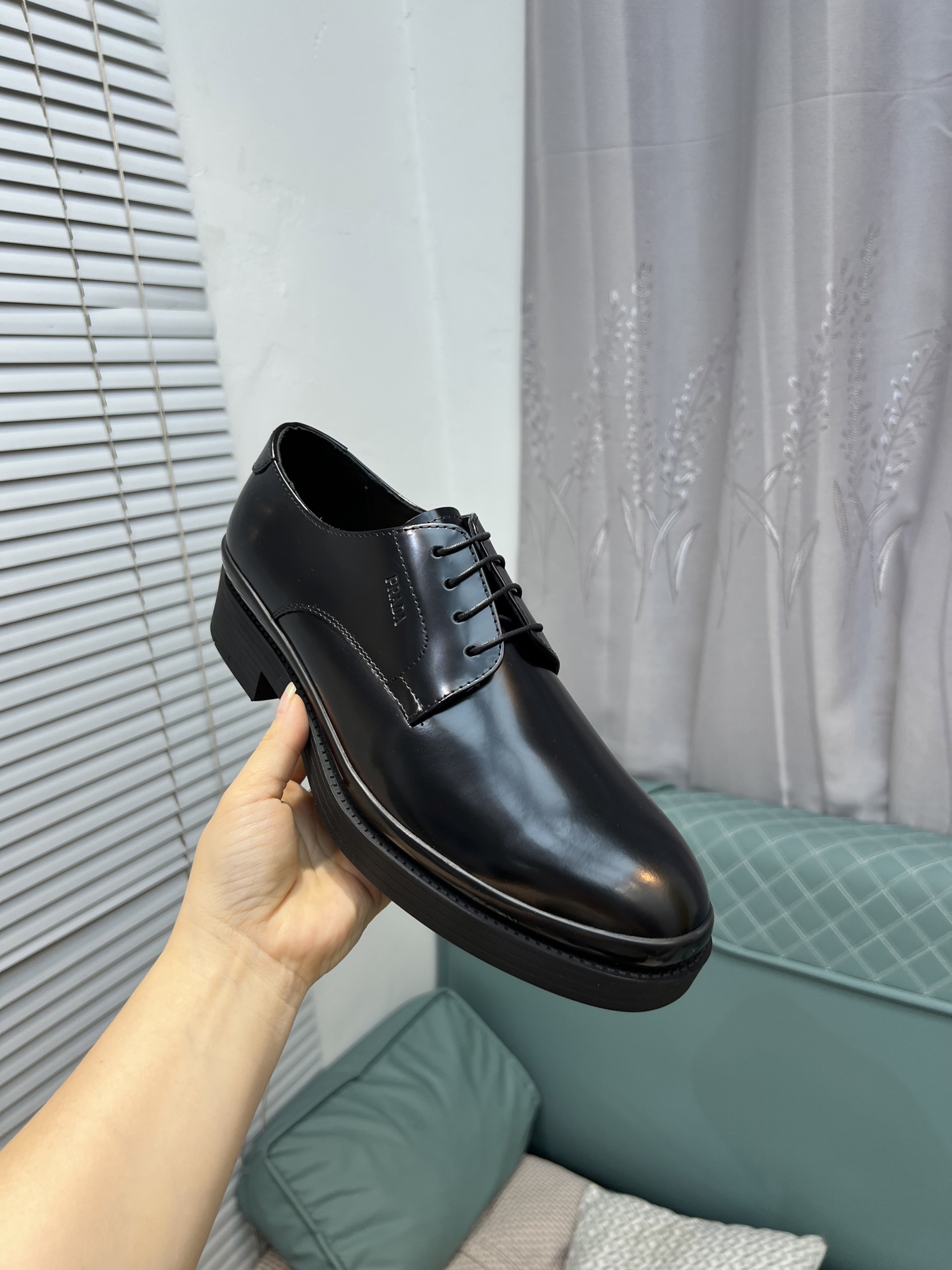 Prada Men's Polished Leather Lace-Up Oxford Dress Shoes, Black, Size 39-44 6 i1744645111214 9704 0 4