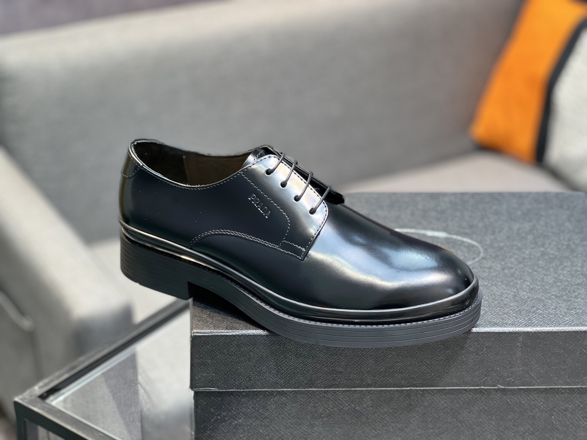 Prada Men's Polished Leather Lace-Up Oxford Dress Shoes, Black, Size 39-44 10 i1744645112207 6447 0 8