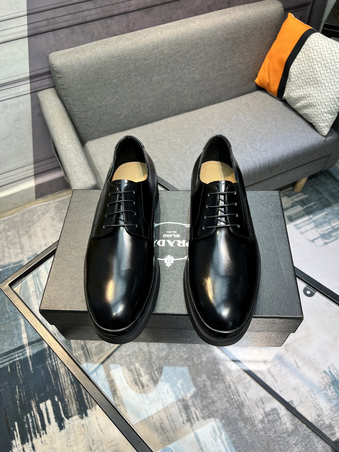 Prada Men's Polished Leather Lace-Up Oxford Dress Shoes, Black, Size 39-44 2 i1744645112241 8304 0 0