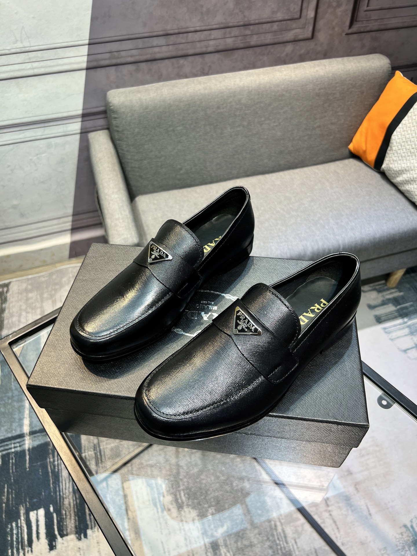 Prada Men's Polished Leather Loafers with Metal Logo | Slip-On Style 3 i1744645155841 5593 0 1
