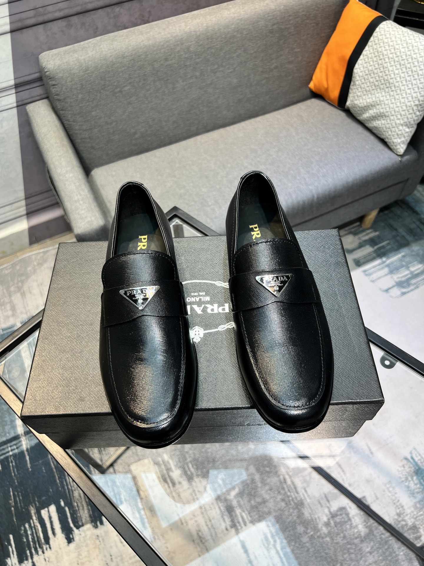 Prada Men's Polished Leather Loafers with Metal Logo | Slip-On Style 5 i1744645155847 8306 0 3