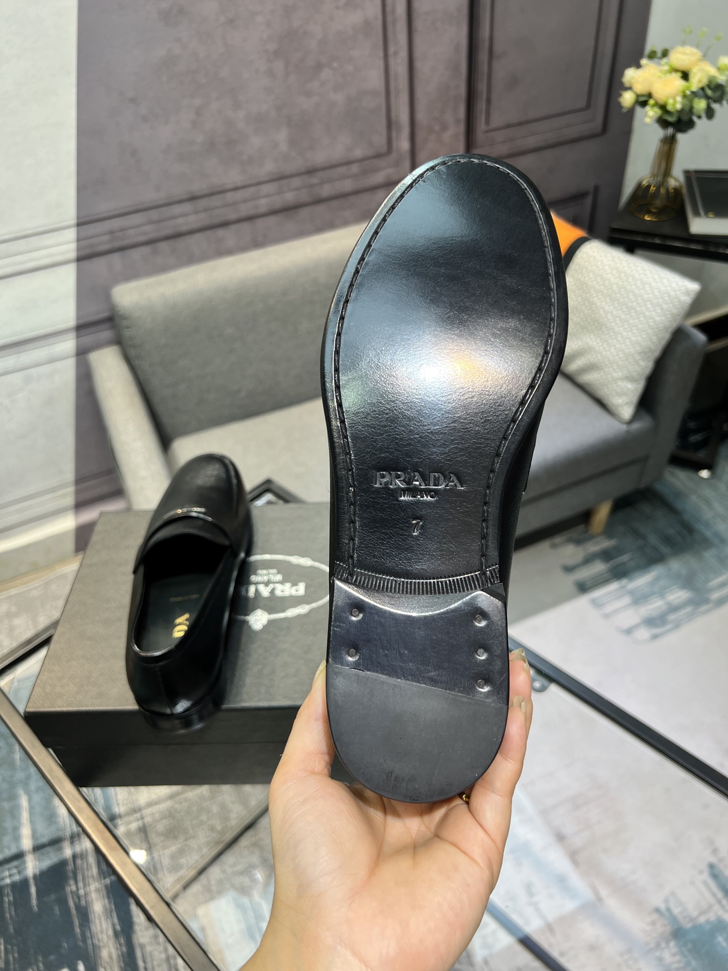 Prada Men's Polished Leather Loafers with Metal Logo | Slip-On Style 7 i1744645155928 8285 0 5