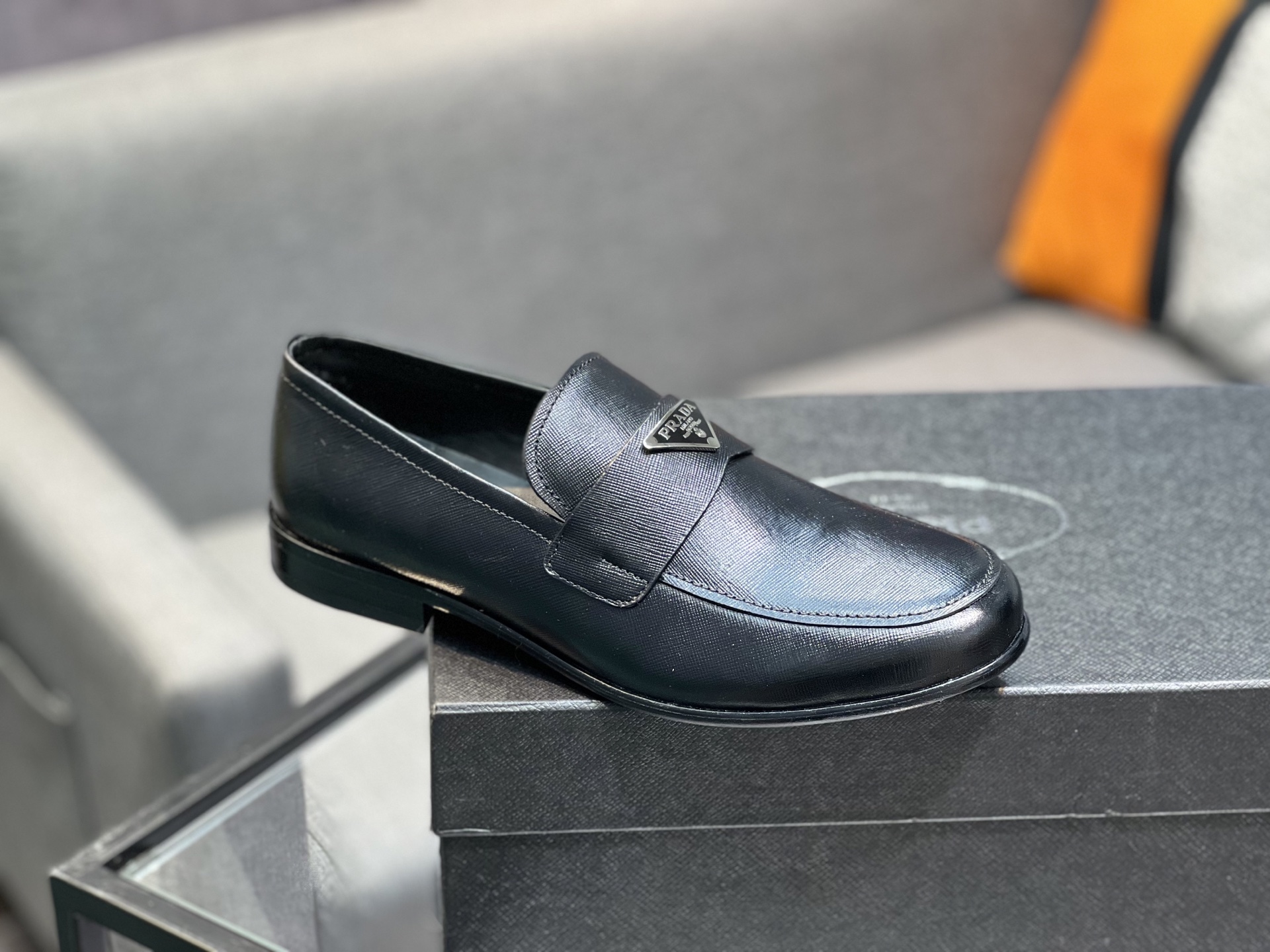 Prada Men's Polished Leather Loafers with Metal Logo | Slip-On Style 10 i1744645156959 3171 0 8