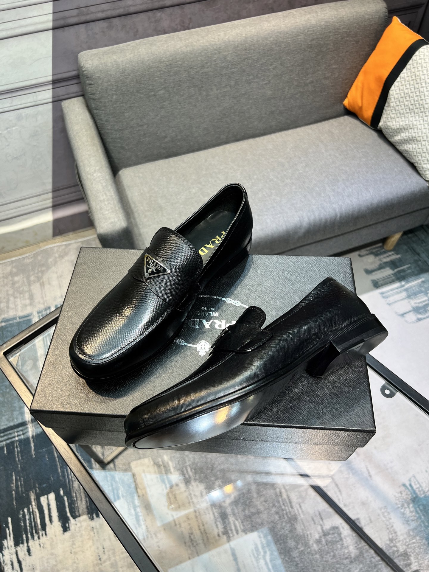 Prada Men's Polished Leather Loafers with Metal Logo | Slip-On Style 4 i1744645157058 1845 0 2