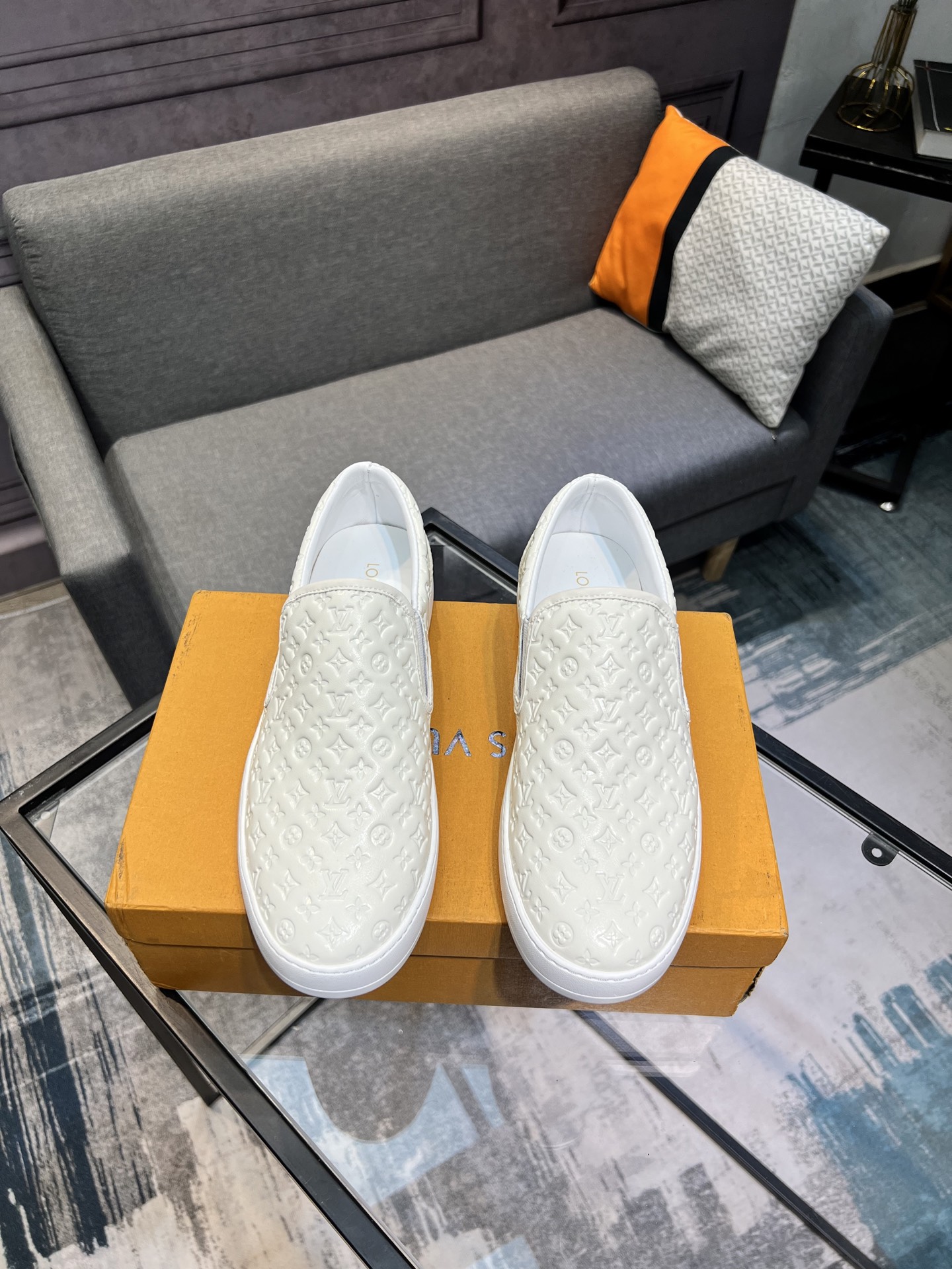 Louis Vuitton Men's White Leather Slip-On Sneakers, Sizes 38-44 1 Louis Vuitton Men's White Leather Slip-On Sneakers, Sizes 38-44