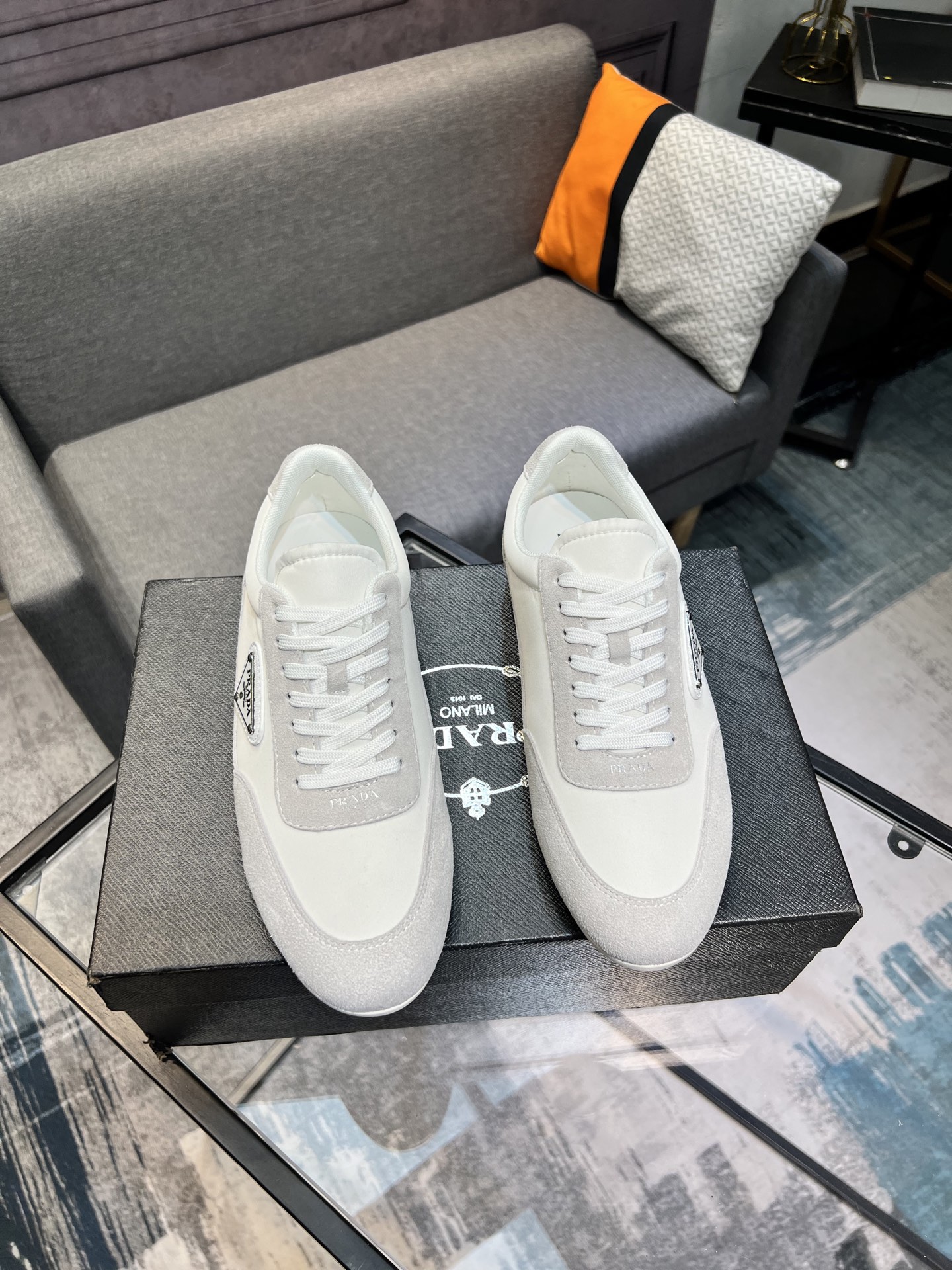 Prada Men's White Leather & Suede Low-Top Sneakers, Size 38-44 5 i1744817545701 4808 0 3