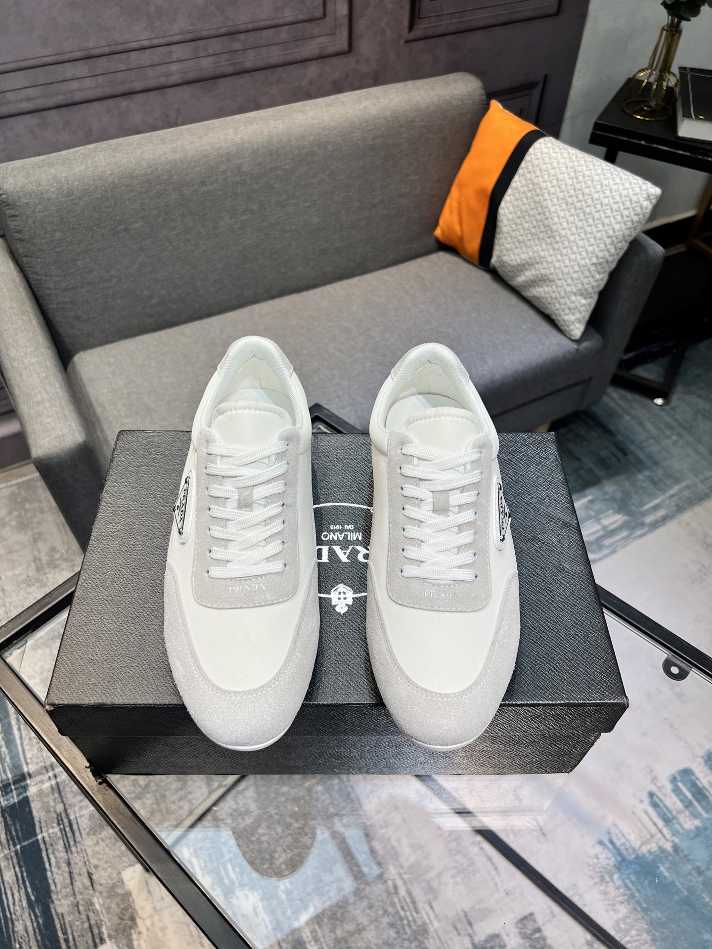 Prada Men's White Leather & Suede Low-Top Sneakers, Size 38-44 2 i1744817546826 1775 0 0