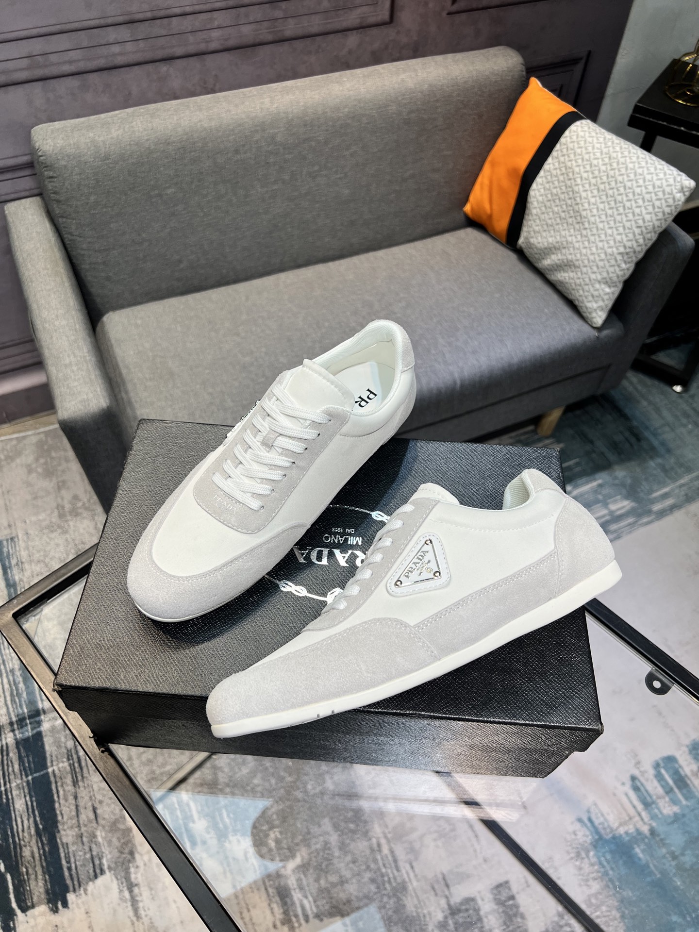 Prada Men's White Leather & Suede Low-Top Sneakers, Size 38-44 4 i1744817546829 3678 0 2