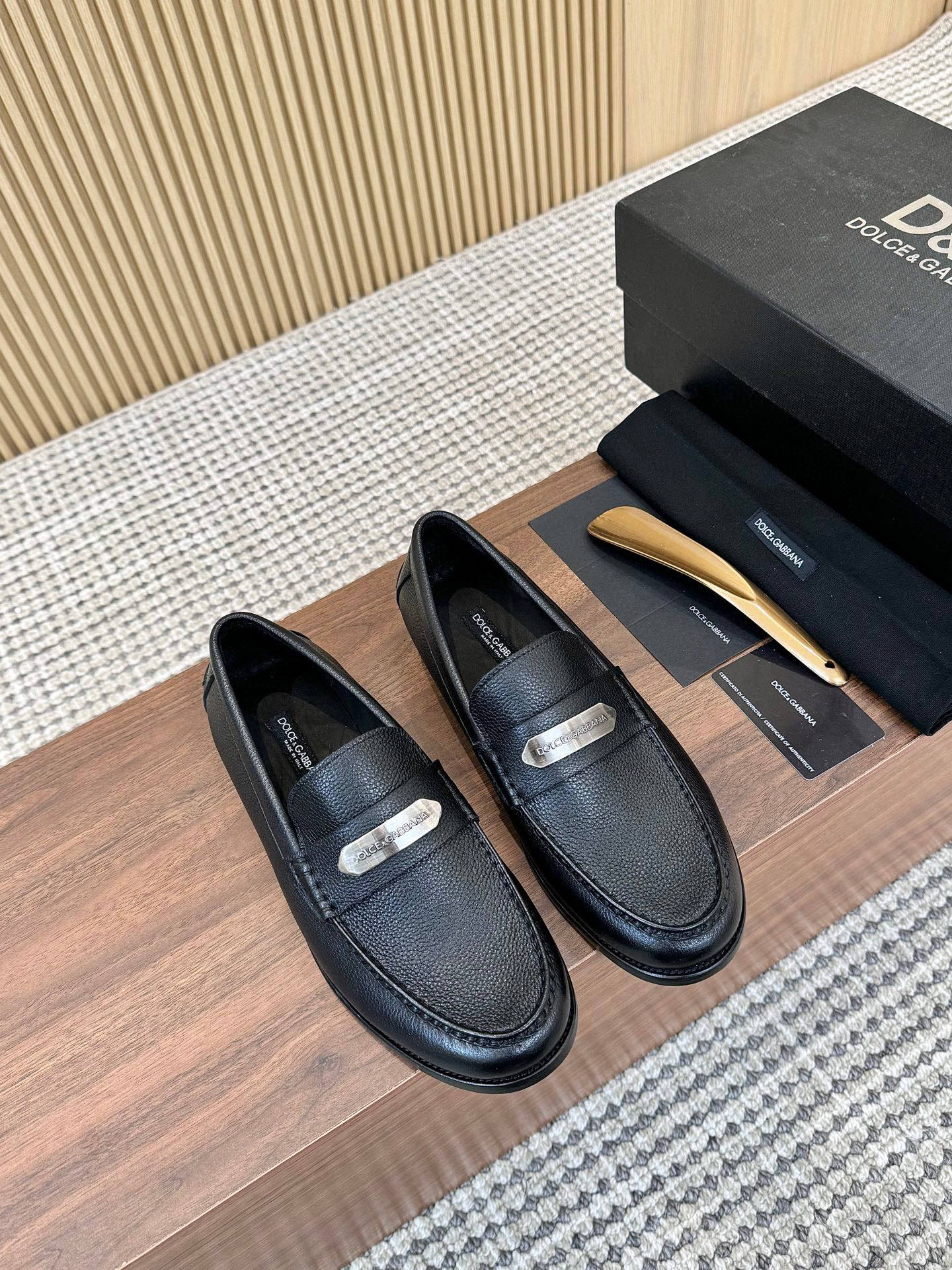 Dolce & Gabbana Men's Black Leather Loafers with Metal Logo Detail 1 Dolce & Gabbana Men's Black Leather Loafers with Metal Logo Detail
