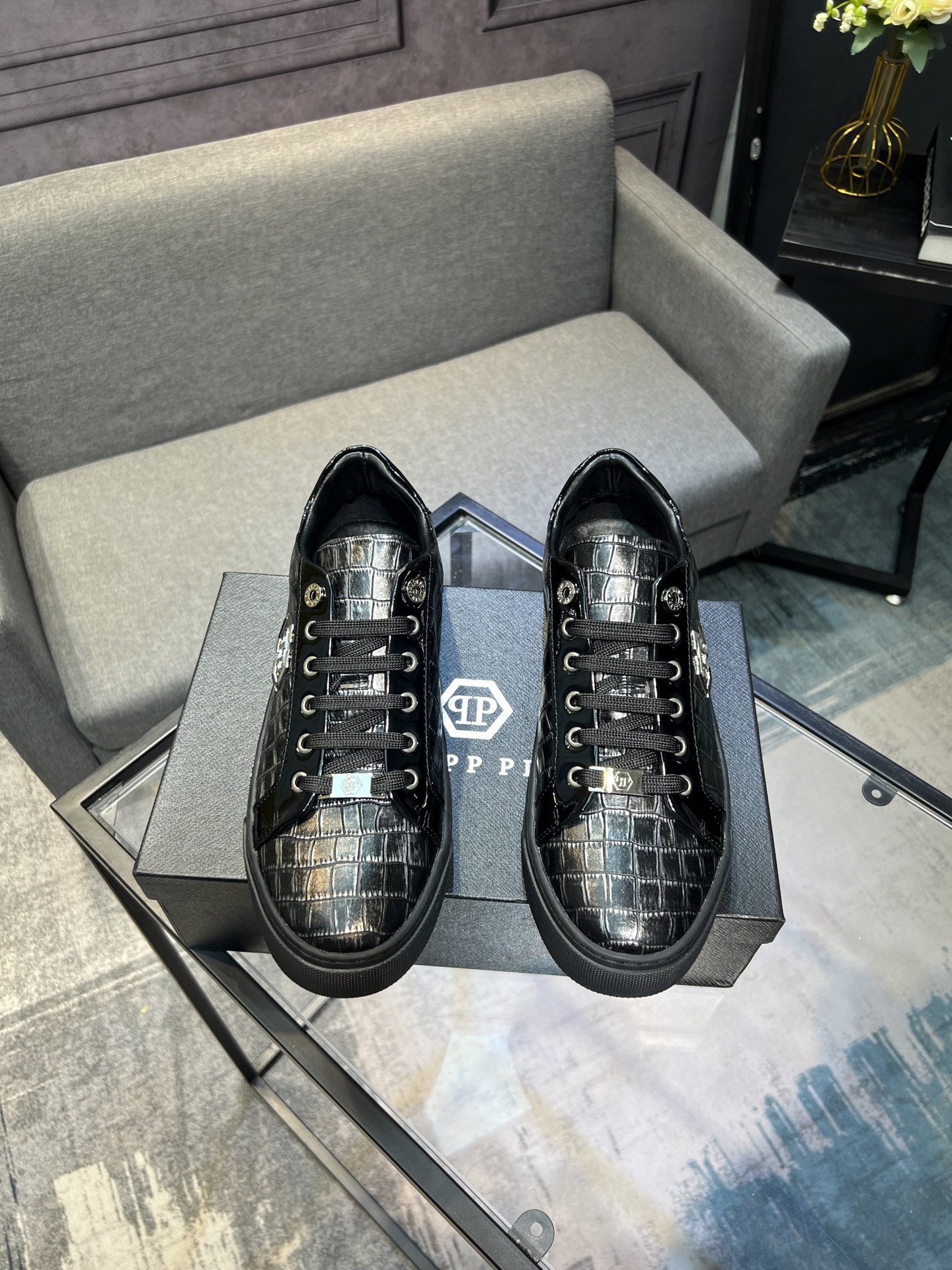 Philipp Plein Heren Sneakers Zwart Croco Print Leer - Stijlvol & Comfortabel
