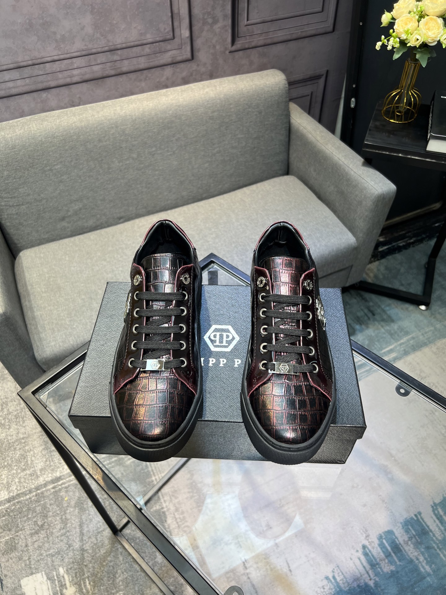 Philipp Plein Men's Leather Crocodile-Embossed Lace-Up Sneakers - Size 38-44