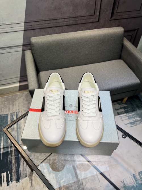 Prada Men's White Leather Sneakers with Black Stripe Detail